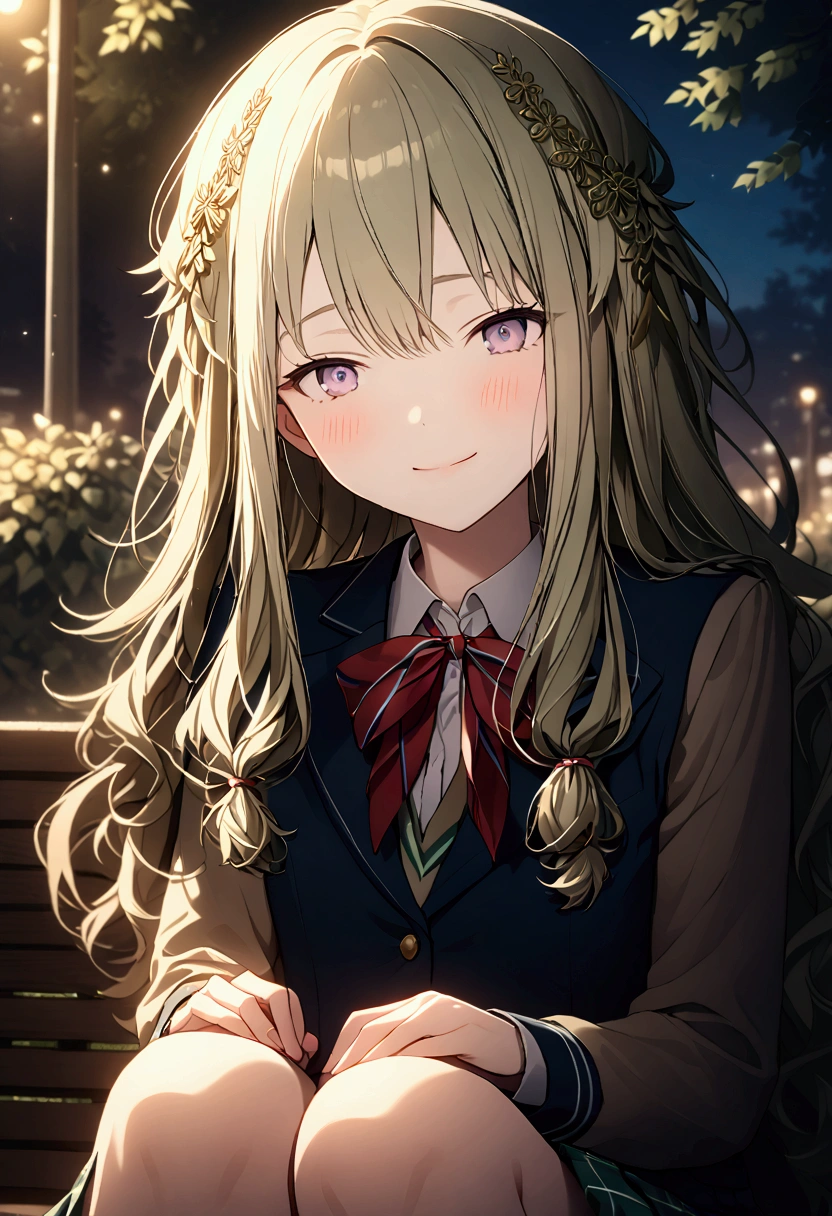 High image quality 、masterpiece、 High Quality  、Full HD、4K 、 seen from the front、Kusanagi Nin々、Green long hair 、Yellow hair ornament、 purple eyes、slim、 high school uniform 、 smile、Blushing cheeks 、Place your hands on your knees、Red  on cheeks、 flat chest、Show me your legs、 sitting on a park bench 、evening