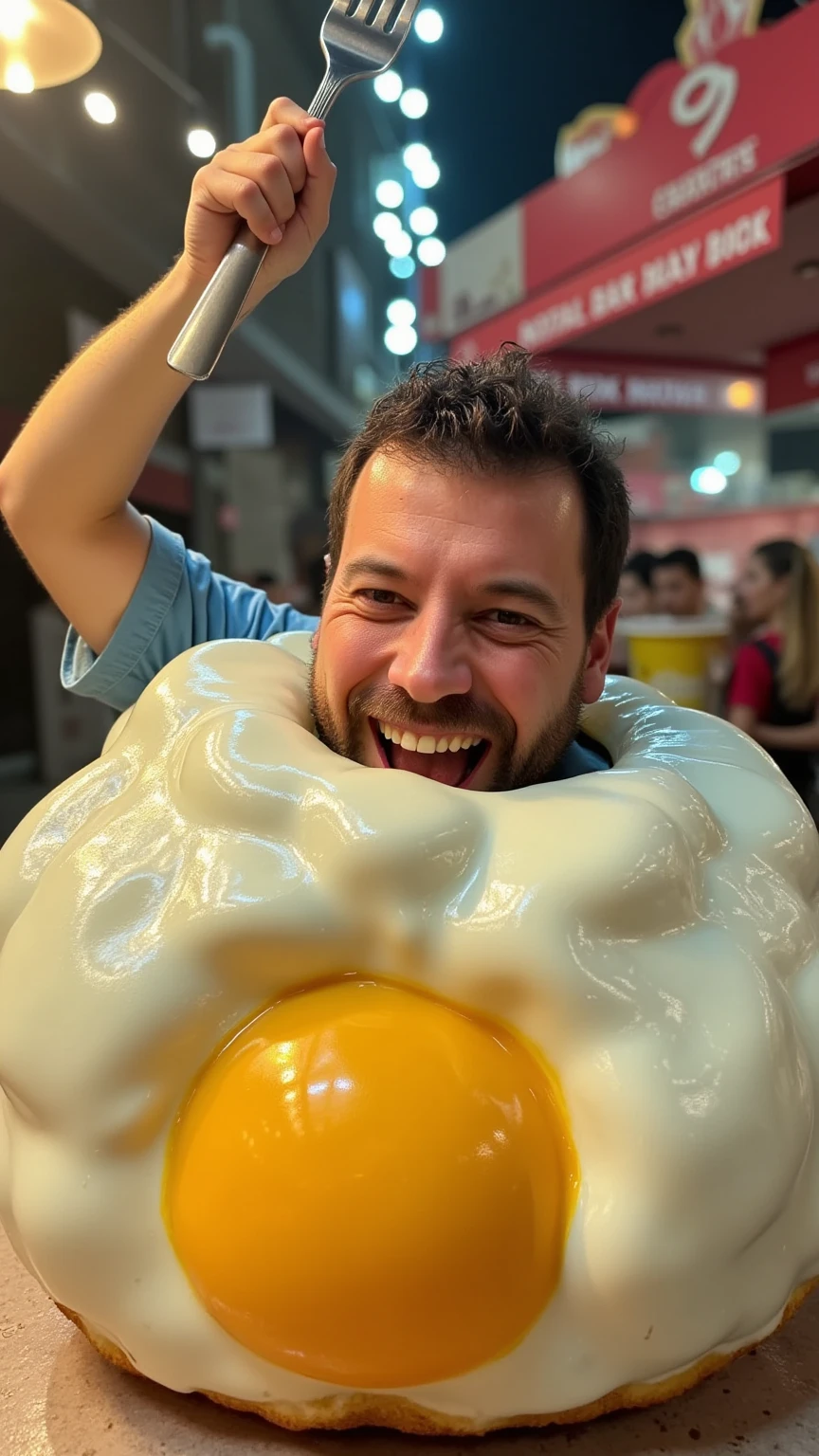 A hyper-realistic, cinematic image of a giant fried egg with a man’s head emerging from the yolk. He has one arm raised, holding a massive fork triumphantly. The scene is cartoonish yet immersive, with vibrant colors and exaggerated expressions. The textures of the egg white and yolk are incredibly detailed, creating a humorous and engaging atmosphere.