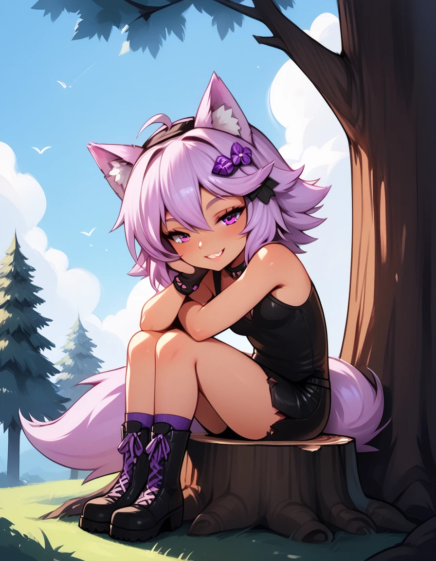 Personal style, 1 ,   animal ears , animal_Humanoide, canid_Humanoide, fox_Humanoide, wolf ears, wolf girl,  small breasts, Wolf tail, ,  BREAK
Sitting ,  looking at the spectator , ( half-closed eyes ),  seductive smile , HEAD ON, pose sexy, lilac hair, PAUSE day, bare  tree ,  outdoor,  tree ,  tree  stump,  BREAK score_9, HEAD ON,  full body , FIRST WORK