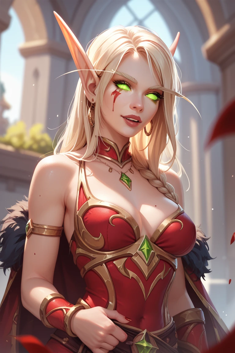 1girl, cowboy shot of beautiful ladyvaleera, hood on, red corset, bottomless, exposed vagina, exposed breasts, pink nipples, holding daggers, green dagger, weapon, looking at viewer, , fantasy town outdoors, magic, volumetric lighting, best quality, masterpiece, realistic, kneeling, on knees, legs spread