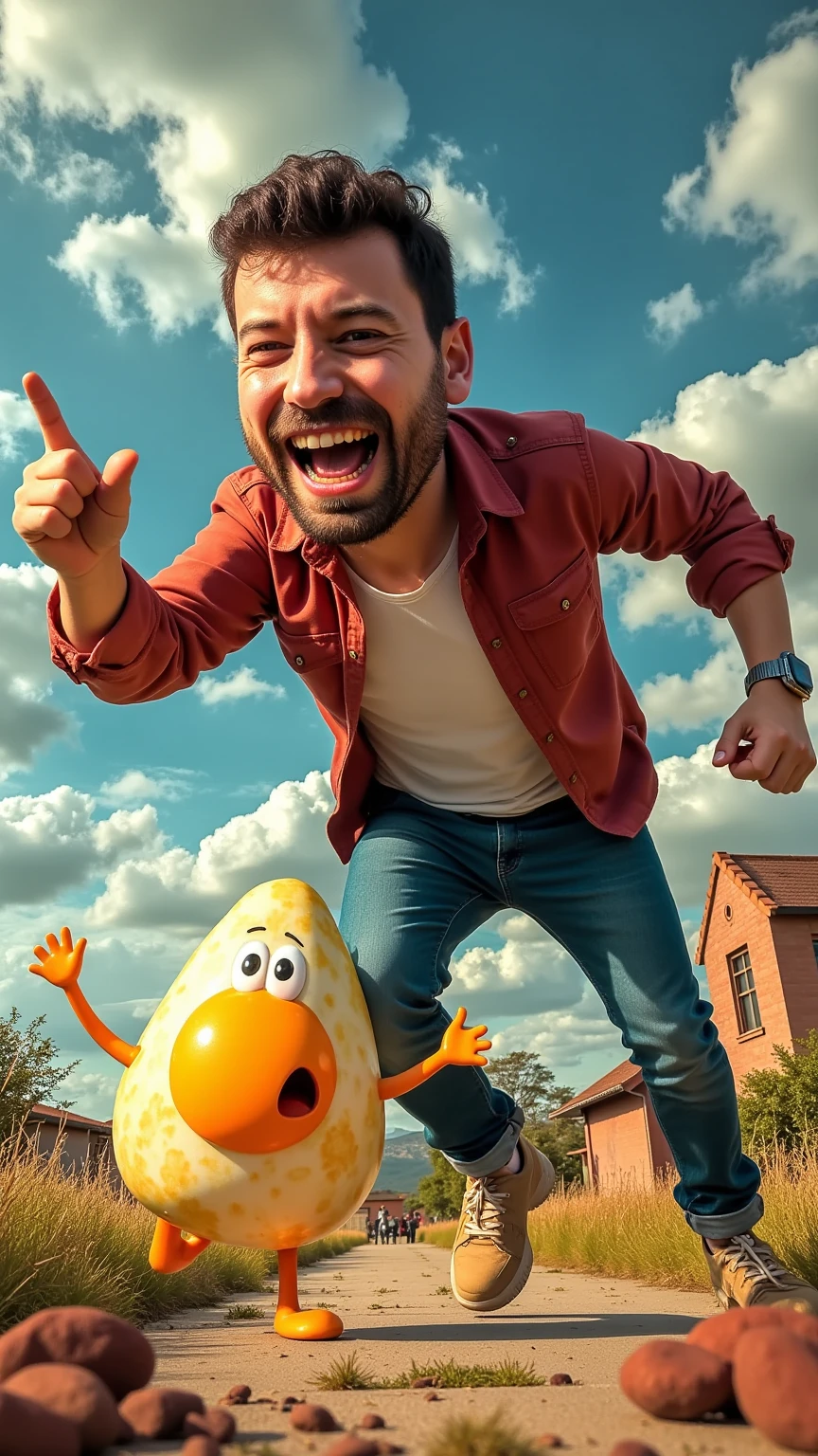 A hyper-realistic, dynamic scene of a giant man chasing a frightened fried egg with tiny legs and a scared face. The image is cartoonish but vivid, with exaggerated expressions and vibrant colors. The egg looks back in terror as it runs, while the giant man reaches out, creating a sense of motion and energy in the scene.