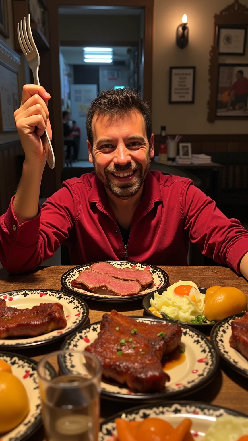 A hyper-realistic, cinematic scene of a man sitting at a traditional Catalan masia table, surrounded by 50 plates of food including ribs, large steaks, bacon, potatoes, and fried eggs. The man has one arm raised, holding a fork triumphantly, with a joyful expression. The scene is detailed with rustic Catalan decor, warm lighting, and authentic textures that emphasize the richness of the food and the traditional ambiance.