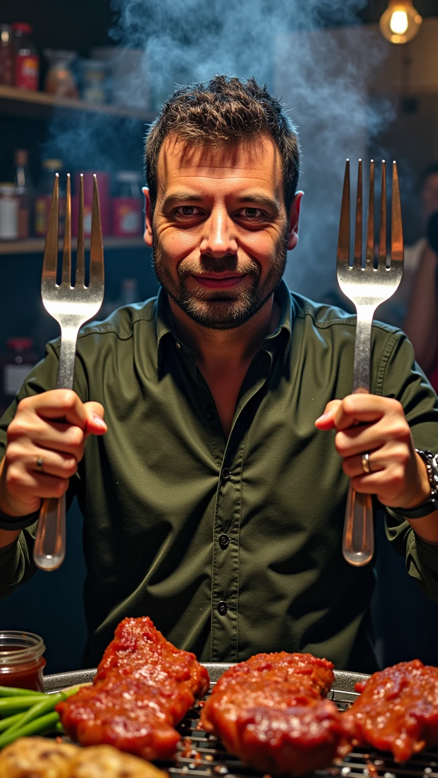 A hyper-realistic, cinematic scene of a man holding a giant fork the same size as him, surrounded by barbecue elements like sizzling meats, sauces, and grilling utensils. The scene is detailed with realistic lighting, shadows, and textures. Focus on the intense expression of the man, as he stands in a smoky barbecue atmosphere with vibrant colors and intricate details.