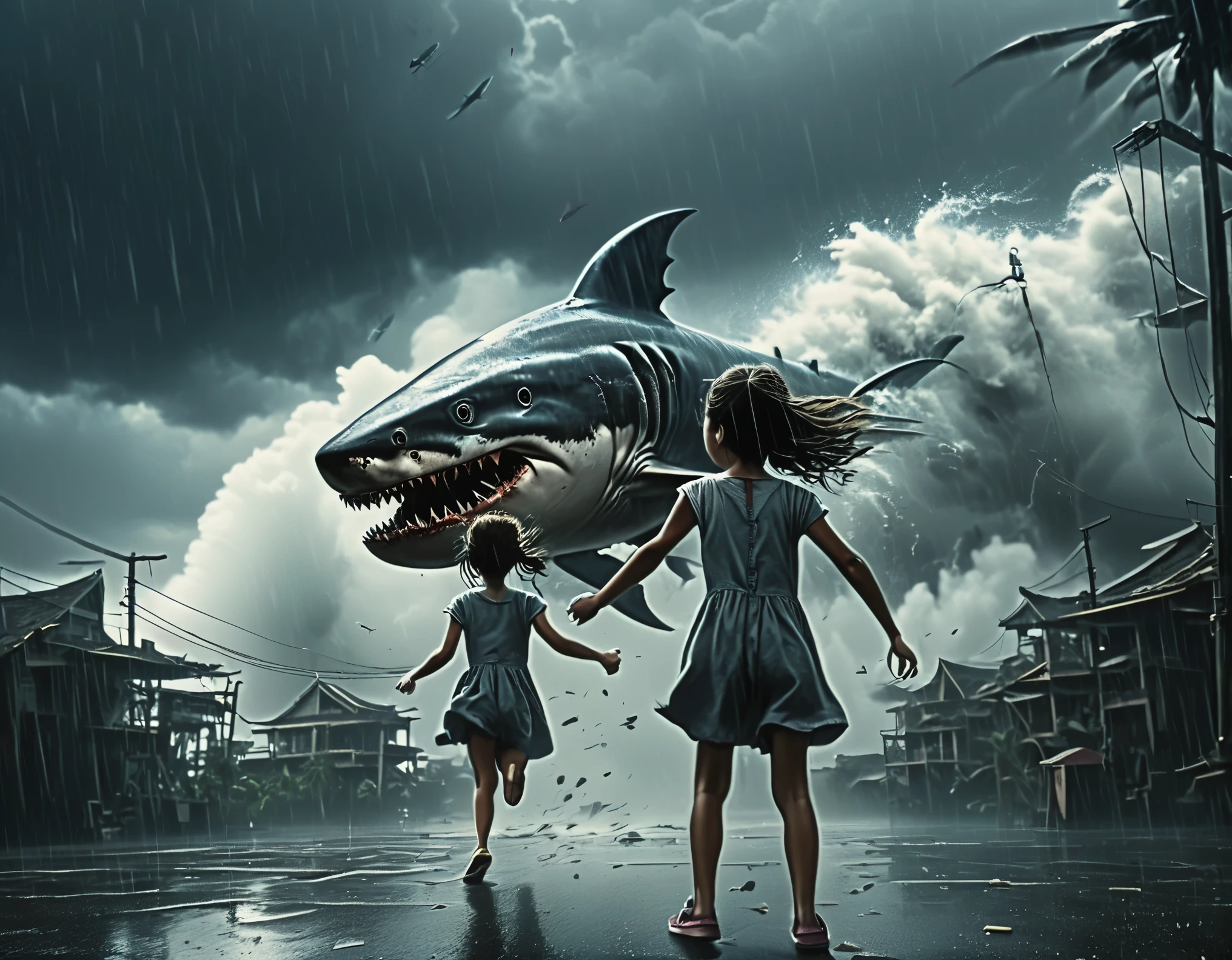 flying shark、angry shark、(((big flying shark)))、((1 girl))、(((girl ride a shark)))、get blown over by a tornado、(((big tornado)))、in the  tornado、dark atmosphere、typhoon,、hurricane、Heavy rain、((strong wind))、stormy、crashed building