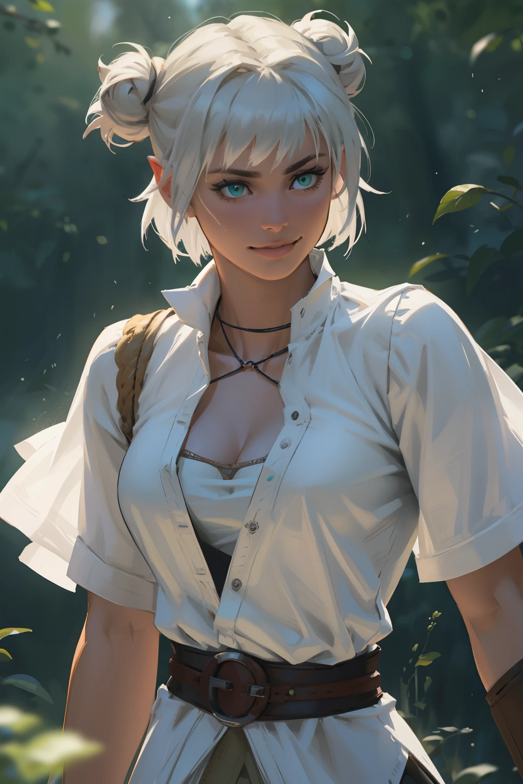 masterpiece, highres, photorealistic, real, Real photo, best quality, 8k, best quality, realistic, ultra-detailed, perfect lighting, cinematic lighting, warm light, female, solo, looking at viewer, wide shot, happy face, ultra detailed skin, ciri_, medieval, outdoors, cleavage, longsword, green eyes, magic, LAUFEN, SHORT HAIR, DOUBLE BUN, BLUNT BANGS, Laofen