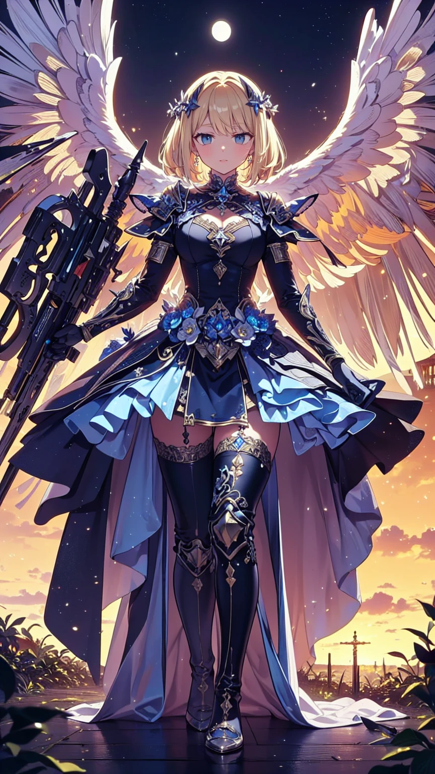 Hold your weapon strong、Arafed, dnd Art,  Female Aashimah , (masterpiece  intense detail ), Paladin, Holy Warrior , whole body,  big angel wings,  White Angel Wings Spread  (masterpiece  intense detail ),  Fantasy Temple Background  , 16k, Super detailed, masterpiece, Best Quality, ( Extremely detailed),  Panoramic View, moon light, moon, star, cloud,  wears white armor  (masterpiece,  intense detail : 1.3),  Wearing High Heeled Boots, Shining Sacred Symbol ,  Equipped with a Shining Sword , Blonde, Ultra-feminine, The most detailed face, (masterpiece Best Quality: 1.3),  anatomically accurate  (masterpiece ,  intense detail : 1.5), The face of determination, god rays,  Movie Lighting, Shining Light,  silhouette, From the outside,  photorealism,  Panoramic View (masterpiece 1.3,  intense detail ) , Wide angle, 16k,  Hi-Res, Best Quality,  high detail ,  Dark Fantasy 
