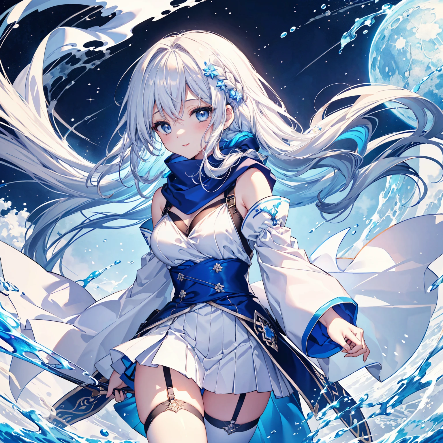 ,blue skirts,1girll,blue color eyes,long white hair,Side Body,Stand on the edge of the beach,Flying blue butterflies,falling flower petals,exteriors,clouds,Detail enhancement,best qualtiy,Perfect image quality,The wind blows the hair