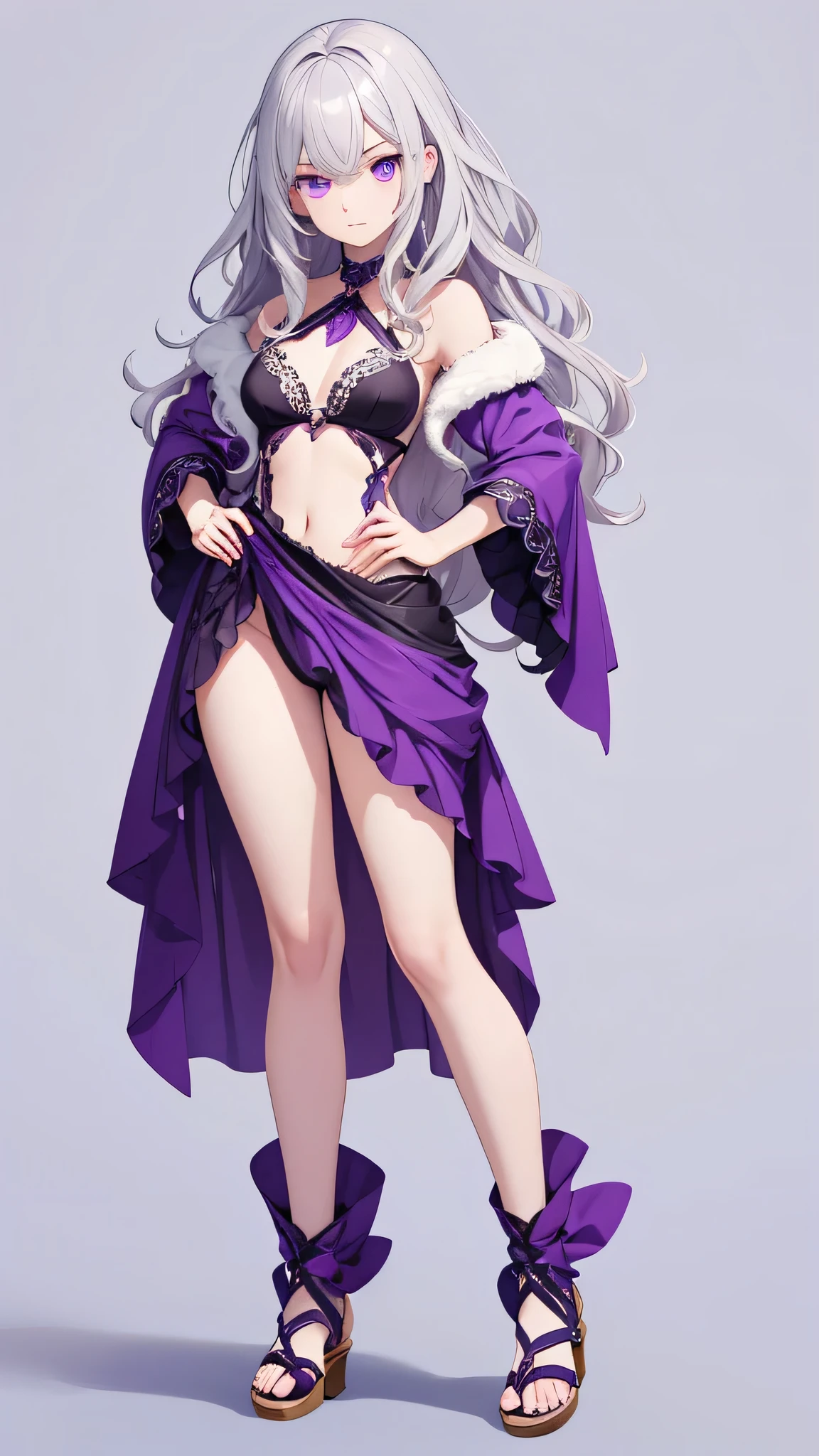 masterpiece, Best Quality,(( Full Body Image of One Woman)),  waist-length gray hair ,Wavy Hair, Morbidly white skin,Dark circles under the eyes, purple eyes,((( Detailed Eyes ))),Thin, troubled eyebrows,purple witch costume ,Slightly small chest,Narrow sagging,Full body image of one woman with long central bangs ,Sandals,(( no background )),Solid white background