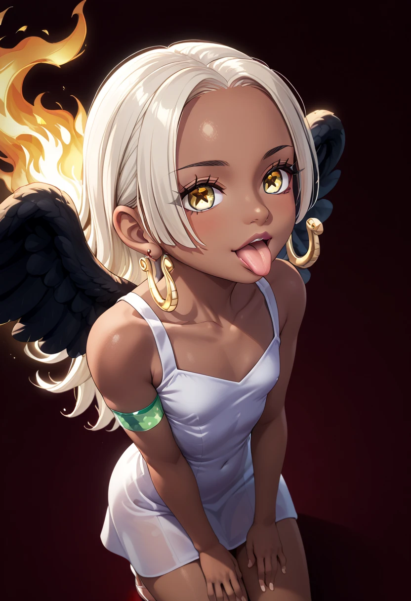 UHD, retina, textured skin, high details, high quality, best quality,  highres icon, 1080P, HD, 16k、1 Girl,Earthsnake , Long Hair, white hair, Brown Skin、,  earrings for a woman alone, Yellow Eyes, symbol-shaped pupils,  black wings  ,  small breasts.  sundress,  white dress,  sleeveless, armlet、 cute、Flames on the back、flat chest、full body、looking up、from above、squatting、 cute、 sexy、Stick one’s tongue out、