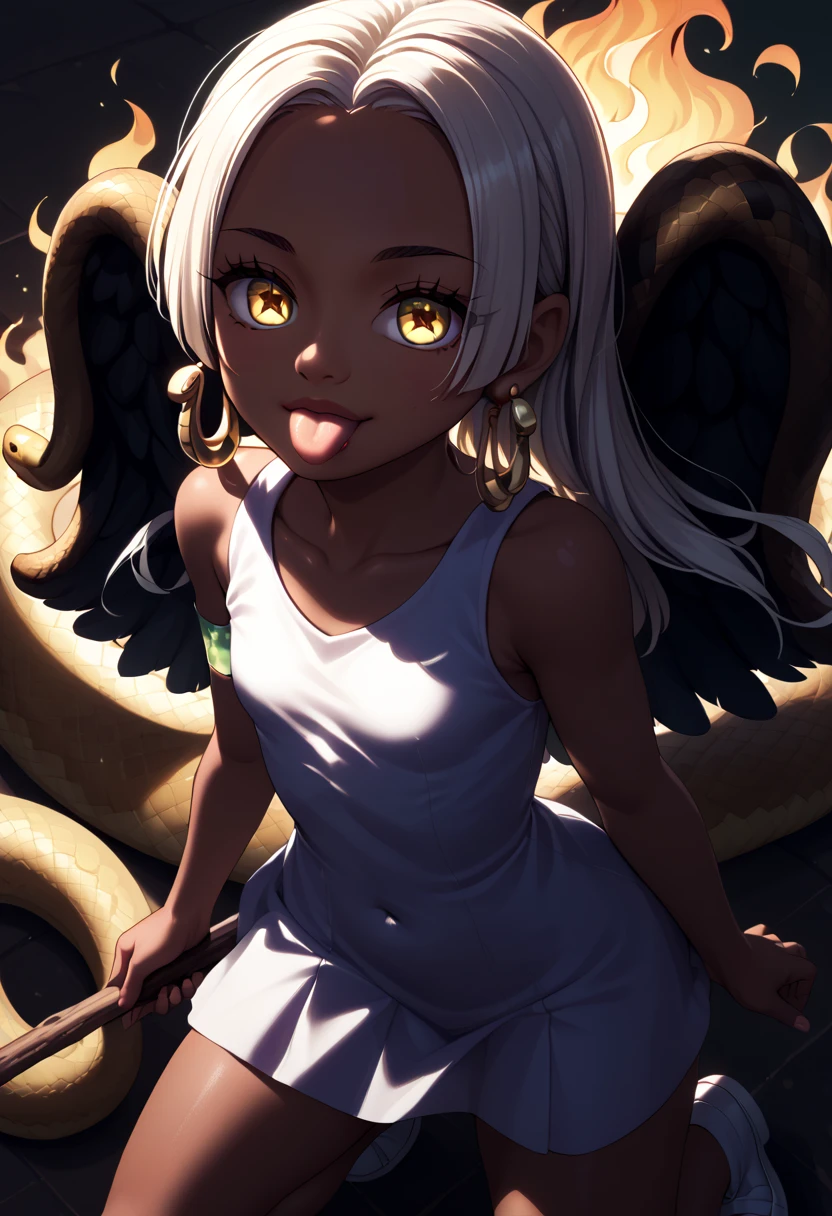 UHD, retina, textured skin, high details, high quality, best quality,  highres icon, 1080P, HD, 16k、1 Girl,Earthsnake , Long Hair, white hair, Brown Skin、,  earrings for a woman alone, Yellow Eyes, symbol-shaped pupils,  black wings  ,  small breasts.  sundress,  white dress,  sleeveless, armlet、 cute、Flames on the back、flat chest、full body、looking up、from above、squatting、 cute、 sexy、Stick one’s tongue out、