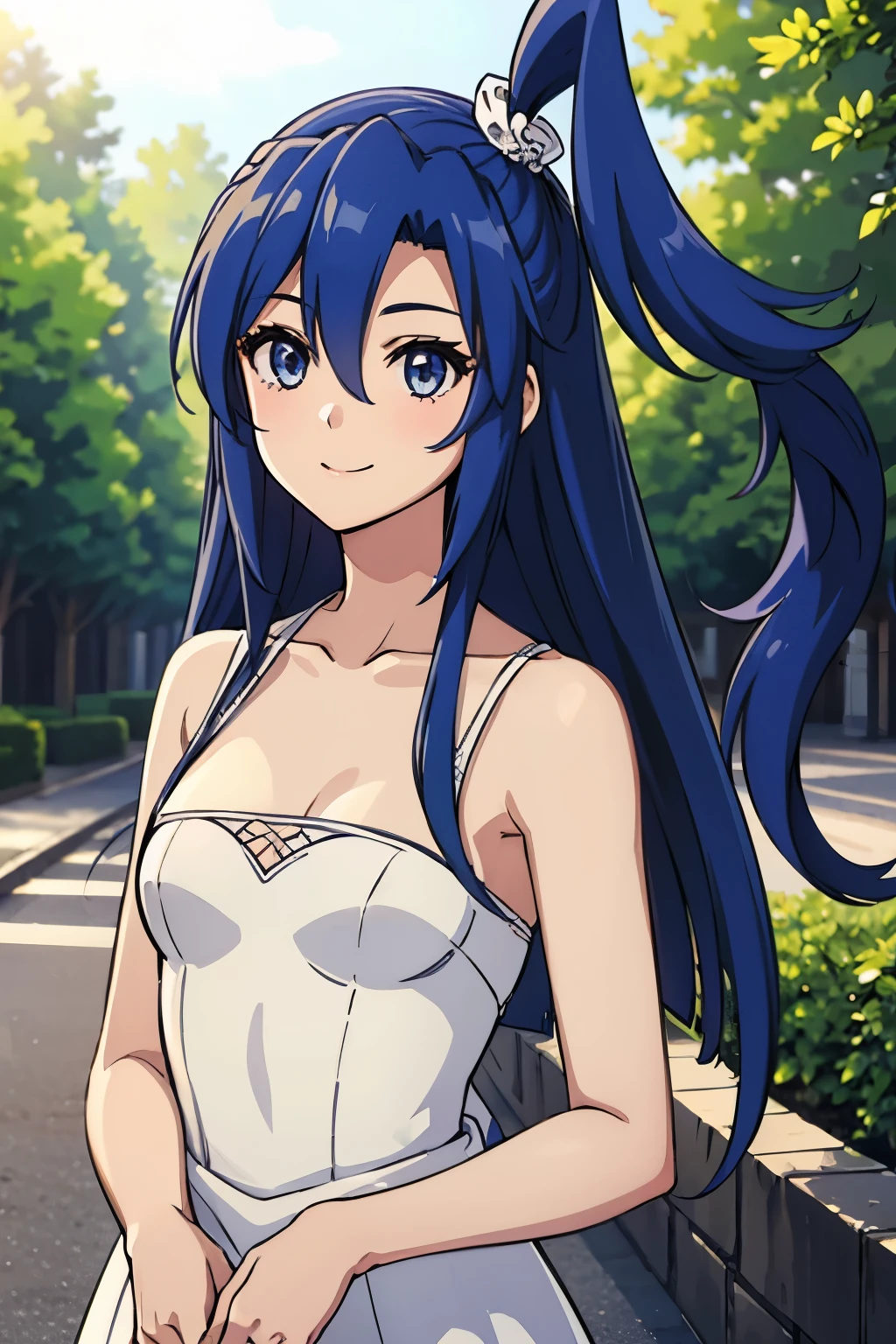 1 girl、solo、SymphoTsubasa、outdoors、
hair between eyes,blue eyes, one side up,blue hair, long hair、(wedding dress)、light smile