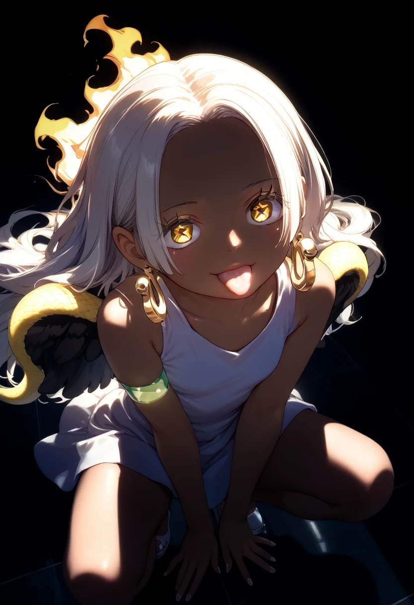 UHD, retina, textured skin, high details, high quality, best quality,  highres icon, 1080P, HD, 16k、1 Girl,Earthsnake , Long Hair, white hair, Brown Skin、,  earrings for a woman alone, Yellow Eyes, symbol-shaped pupils,  black wings  ,  small breasts.  sundress,  white dress,  sleeveless, armlet、 cute、Flames on the back、flat chest、full body、looking up、from above、squatting、 cute、 sexy、Stick one’s tongue out、