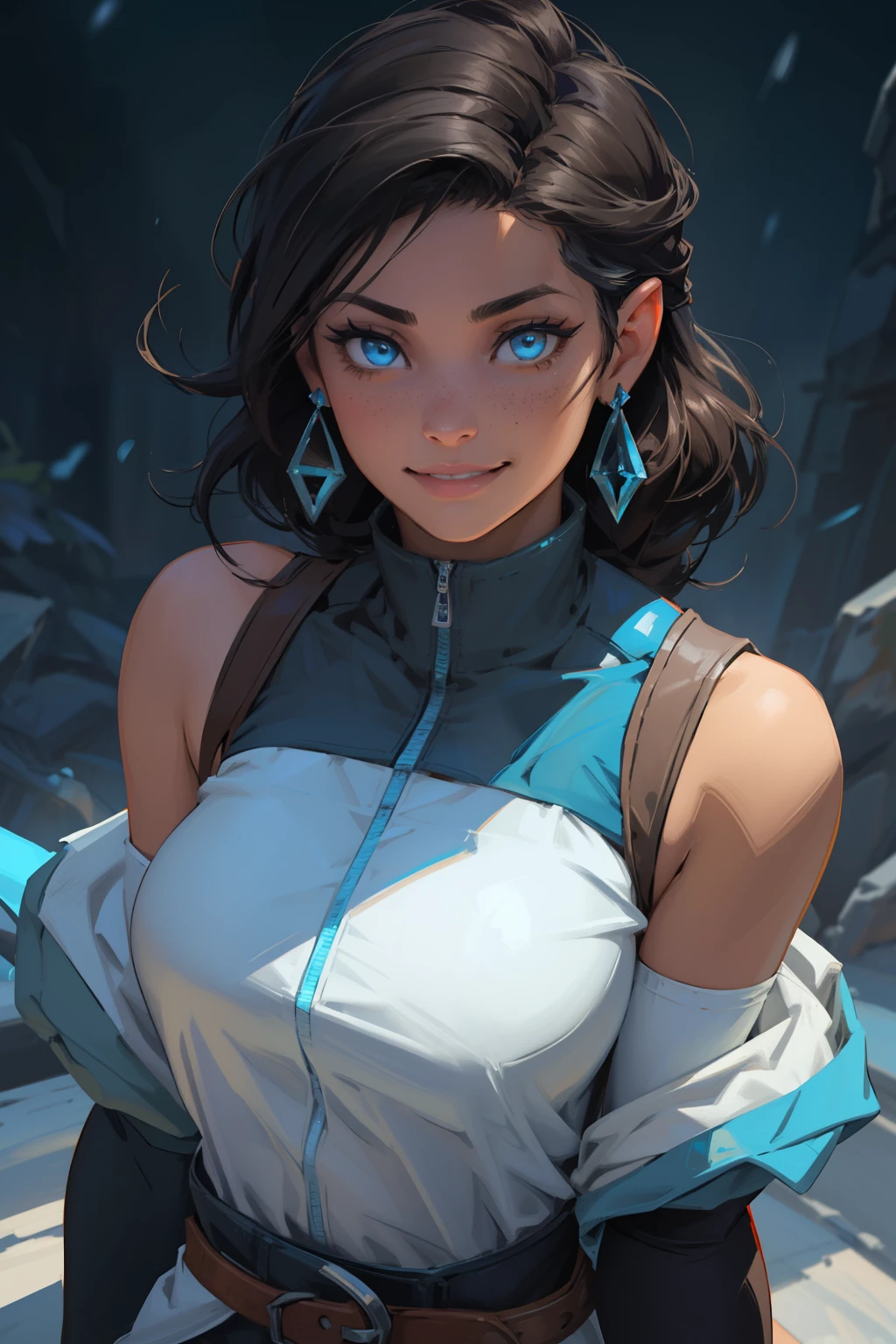 Korra da avatar,(best quality, 4K,8k,high resolution,work of art:1.2)(weather: showing), tundra background, artic village, wide hips, long curly hair, brown hair, freckles, sleeveless crop top, fur belt, bodycon winter skirt, leggings, winter boots, elbow long gloves, light makeup, dark eyeliner, blush, flirting pose, earrings, glowing eyes, ultra detailed, portrait, realistic, beautiful detailed blue eyes, beautiful detailed lips, extremely detailed eye and face, long eyelashes,average, large breasts, flying hair, beaming smile, sexy smile, powerful girl, bright coloured, dramatic lighting, blue flames,