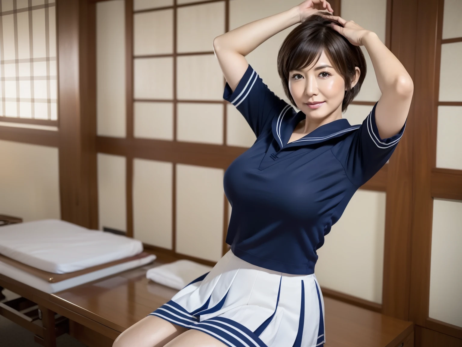 Beautiful detailed face of Japanese MILF,  lips beautifully finished with lip gloss , Sensual expression, (( big breasts at the temple)), (( sailor suit)), ((sleeping)), ((arms up)), shallow depth of field, (Best Quality,8k,masterpiece:1.2),Super detailed,(Realistic,photoRealistic,photo-Realistic:1.37), complicated details,Stunning full-body portrait, Dramatic Lighting ,cinematic, elegant , (( pixie cut))、Voluminous hairstyle,  dark blue pleated skirt , ((Health Room))、((Thighs:1.2)), Lift one leg、Be proud