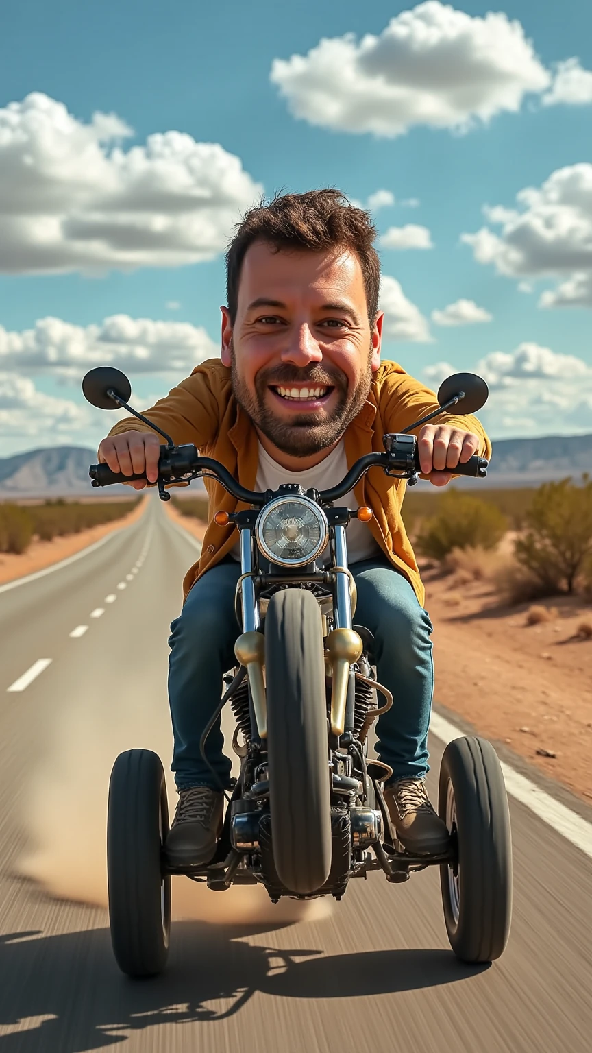 A hyper-realistic, dynamic scene of a man with a disproportionately large, cartoonish head riding a fork with wheels on a long, open road in the western desert. The fork is moving at high speed, with dust trailing behind, creating a sense of motion. The man’s expression is exaggerated, capturing the humor and thrill of the ride against a vast western landscape under a clear sky.
