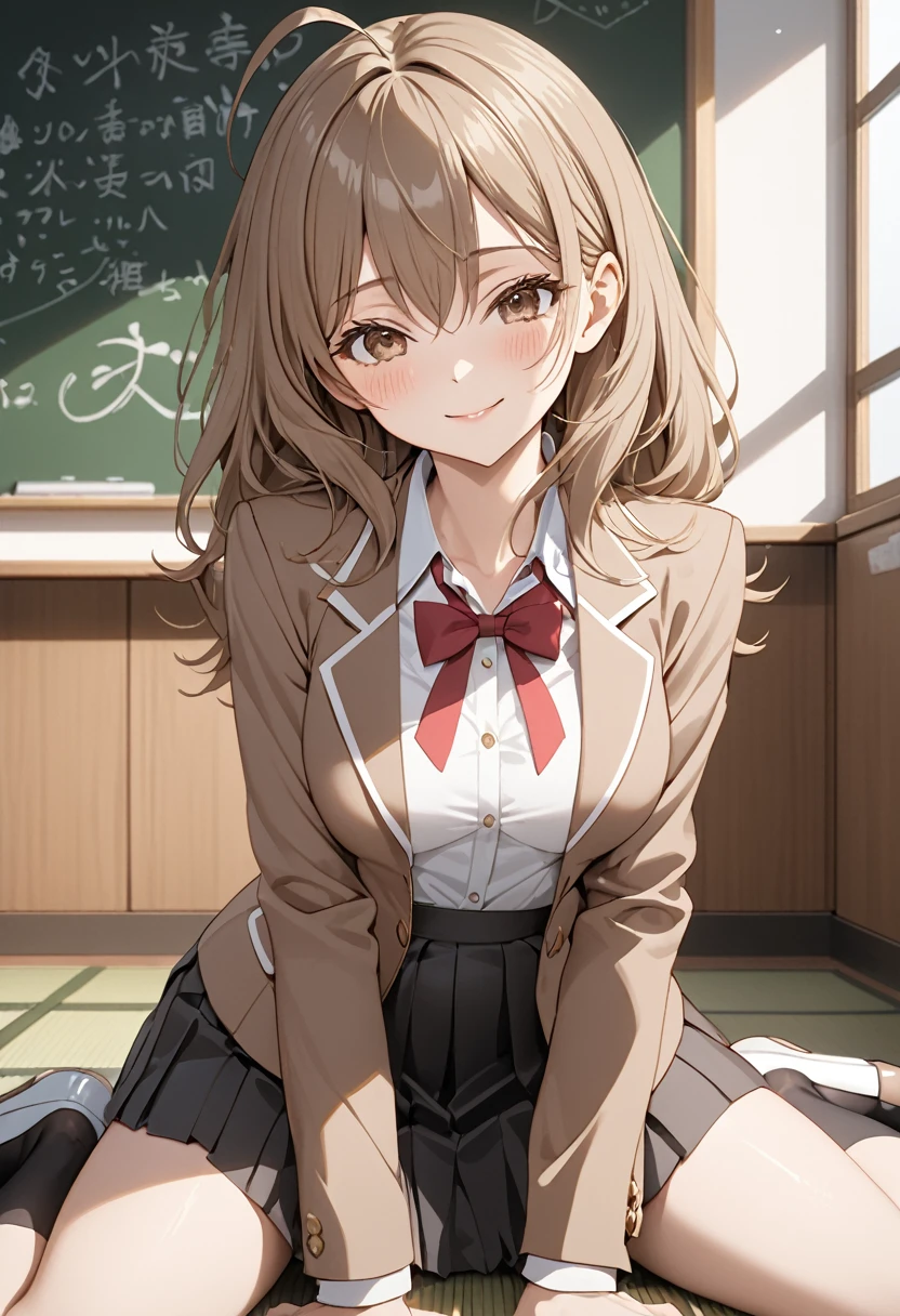 ( anime art style :0.1), 2D, masterpiece, Best Quality,  so beautiful,  absurd,   dynamic shadows  , atmosphere, Maria_Mikhailovna, ( one girl ), (brown Hair), Long Hair, Brown eyes,  detail eyes , Ahoge,  hair between eyes, bangs,   Medium Chest, Curved Body, Compensate, intense blush, clavicle, ( sexy smile),   hair bow,  brown jacket, Open clothes, blazer button ,  white shirt, プリーツskirt, (Brown blazer),  ブラックskirt ,  black knee socks, ( red ribbon), Bow tie, White shoes,  Mary Jane,  sexy smile, ( upper body), ((wariza)),  Browse Viewers , classroom,  blackboard , cloud, On the floor, city、Best Quality, photoRealistic:1.1、 1 girl、(Lying on the tatami、Girls showing off their panties :1.1)、(( Please rest with your back:1.4))、黒いskirt、Black socks)、Wet panties、( small silk panties have floral patterns)、Realistic、skirt、Realistic skin texture、Realistic、(アップskirt、skirtリフト)、Best Quality、masterpiece:1.3、  ultra high resolution 、( angle from below:1.5、 panties close-up :1.5)、  embarrassing looks 、(( Spread your legs out to the side :1.4))、(( look viewer showing off her anal:1.4))、((Bold Pose:1.4))、Realistic skin texture、  pictures that highlight the vagina 、Miss Universe、