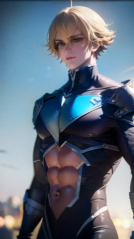 (High-definition CG), (Best Quality),   superhero with a beautiful body, Hero Costumes , Handsome and cool young man ,   Slim and Muscular  , The skin is brown,  blond hair, Frivolous