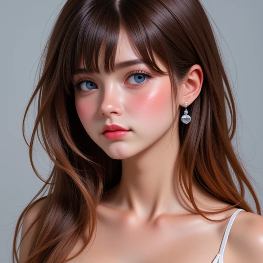 anime,  digital art, Ultra-detailed,  glitter effect, far and near method, 空気far and near method,  blue eyes,  expression that makes you want to cry,  Crystal Earrings, Long Hair, Brown Hair,  bangs between my eyes, とてもLong Hair,  Gradation Color Hairstyle ,  hair that flutters like,  Hi-Res, masterpiece,  anatomically correct, Best Quality, accurate,  won numerous awards,  high definition model,  1 girl, 