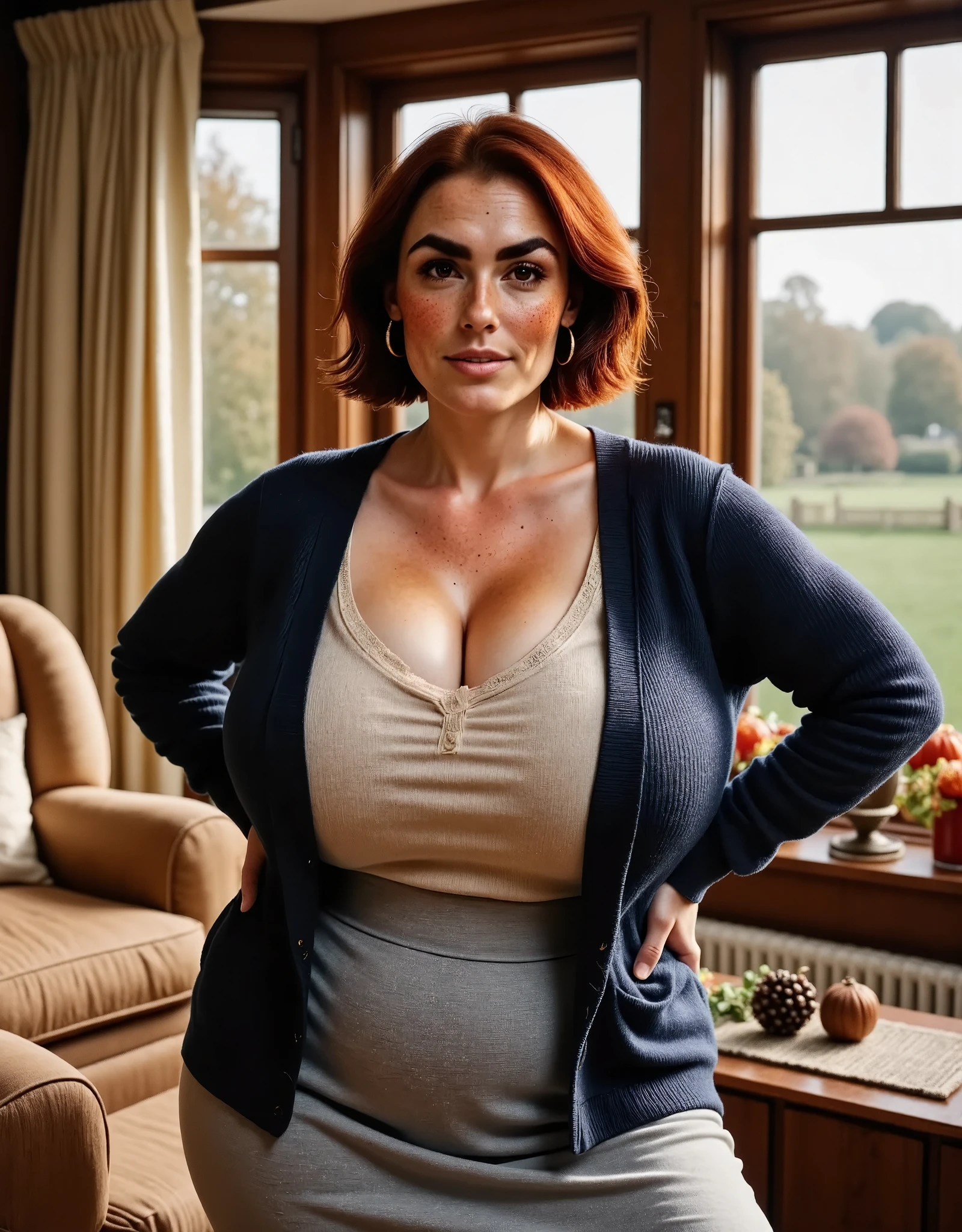 Photorealistic, cinematic style, picture of a beautiful British woman standing with her hands on her hips. She's got brown eyes, downturned eye shape, light skin and freckles, long bob hairstyle.  She's wearing a rustic navy blue cardigan, off-white blouse, light grey skirt. she has broad hips and voluptuous figure. In the background a cozy and rustic english living room. beautiful autumn scenery visible through the window. autumn decorations.  perfect hand,HDR, intricate details , 