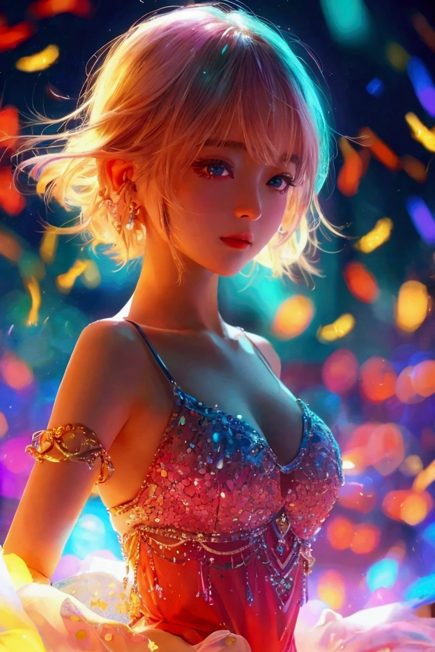 official art, best quality, ultra-detailed, high resolution, unity 8k wallpaper, extremely detailed CG, white skin, short hair, bob cut hair, silver hair, ahoge, shiny hair, shiny skin green eyes, beautiful eyes, medium breasts, ight particles, light sparkles, lens flare, Light particles, Magic light, strong light, gorgeous dress, Princess Dresses, loud laughter, A young lady mocks those of low status