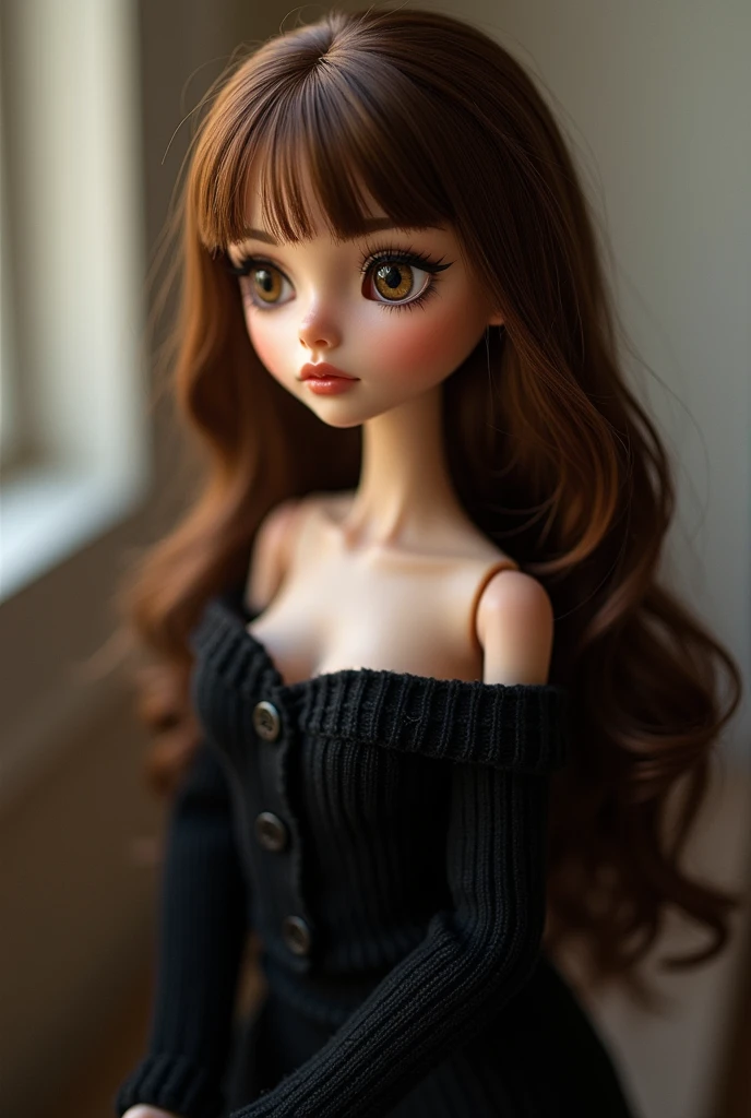 create a blythe doll with the following characteristics: white, dark brown curly hair, middle mouth, moles near the eye and dark brown eyes.