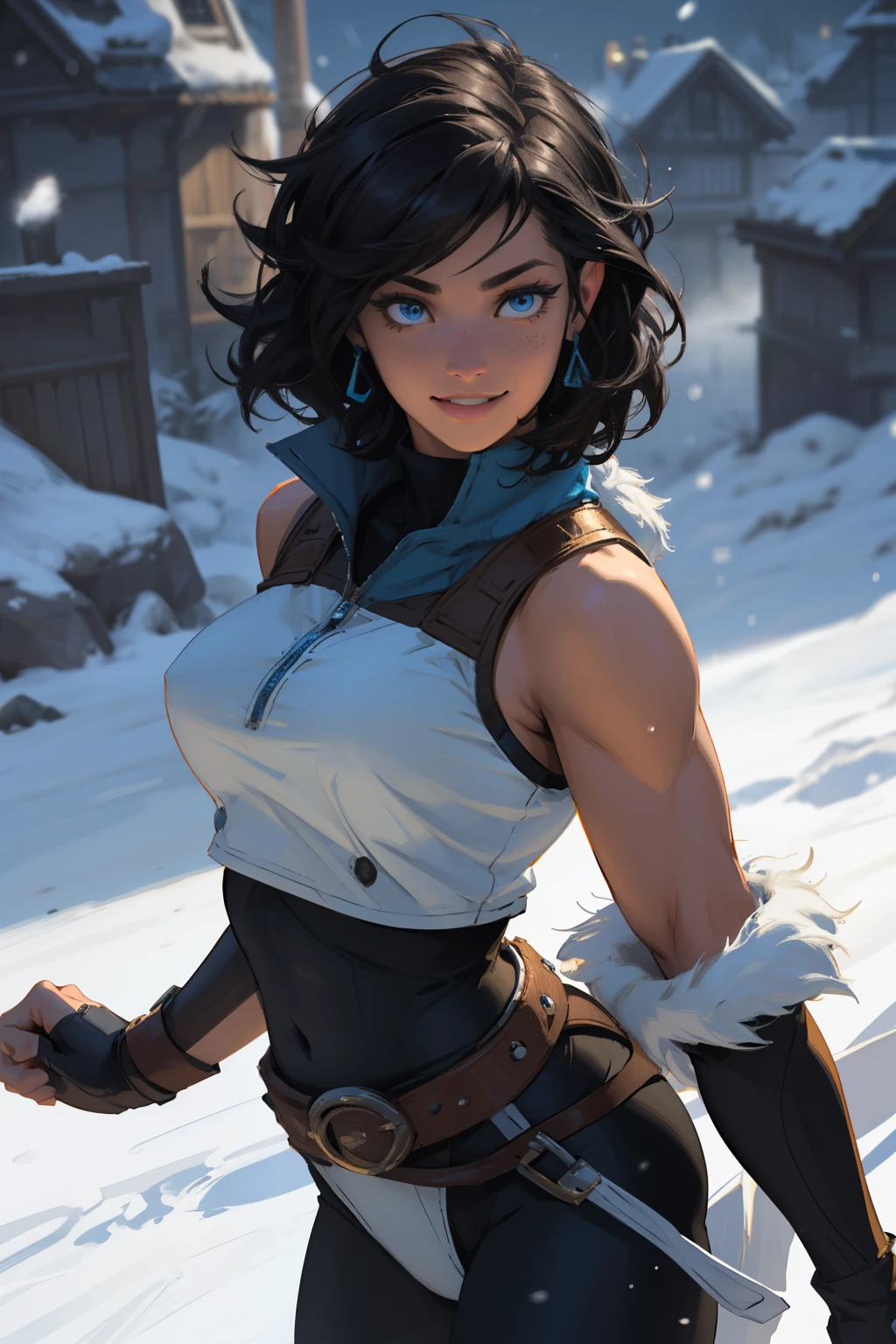 Korra da avatar,(best quality, 4K,8k,high resolution,work of art:1.2)(weather: sunrise), tundra background, artic village, wide hips, short curly hair, brown hair, freckles, sleeveless fur leotard,  fur belt, leggings, fur boots, elbow long gloves, light makeup, dark eyeshadow, sexy pose, ultra detailed,portrait,realistic,beautiful detailed blue eyes, beautiful detailed lips,extremely detailed eye and face, long eyelashes,average, large breasts,flying hair,beaming smile, sexy smile, powerful girl, bright coloured, dramatic lighting, snowing,