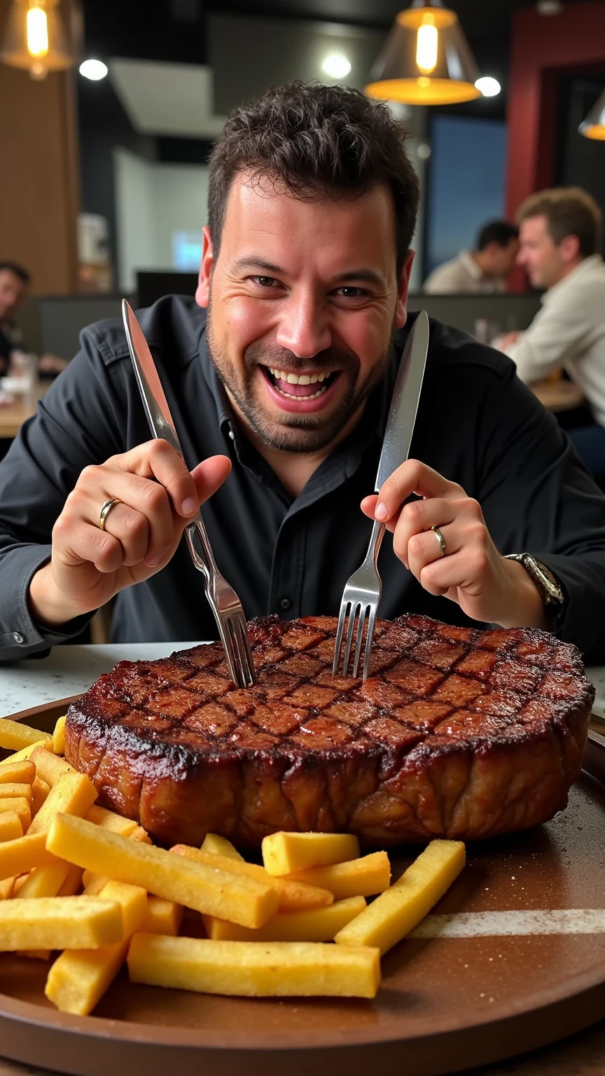 A hyper-realistic, cinematic image of a giant steak with oversized French fries beside it. A man with a disproportionately large, cartoonish head is sitting on the steak, holding a fork and knife, looking eager to dig in. The steak looks incredibly appetizing with juicy textures, and the scene has an authentic, mouth-watering appeal, blending realism with a humorous, exaggerated style.
