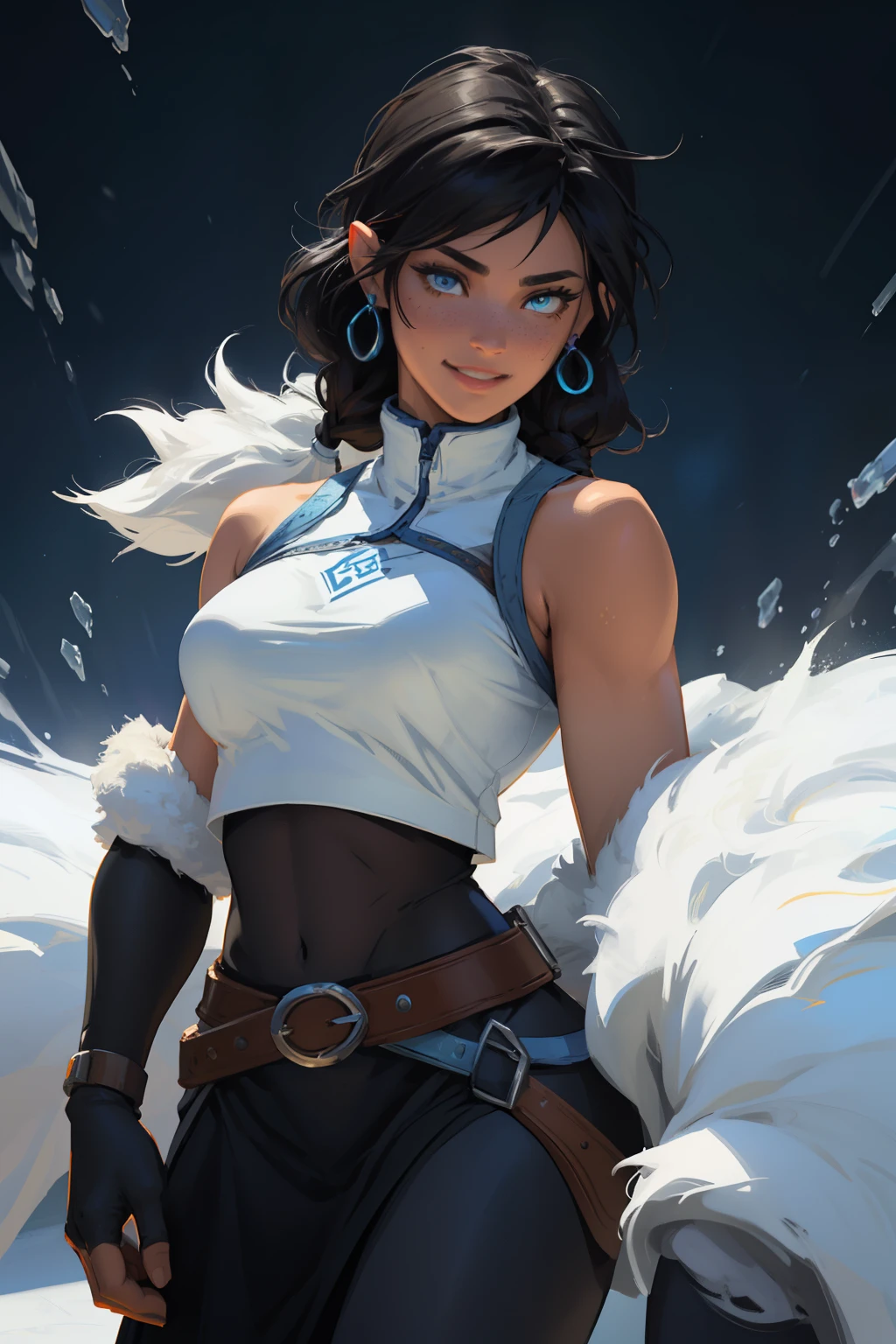 Korra da avatar,(best quality, 4K,8k,high resolution,work of art:1.2)(weather: showing), tundra background, artic village, wide hips, long curly hair, brown hair, freckles, sleeveless crop top, fur belt, bodycon winter skirt, leggings, winter boots, elbow long gloves, light makeup, dark eyeliner, blush, flirting pose, earrings, glowing eyes, ultra detailed, portrait, realistic, beautiful detailed blue eyes, beautiful detailed lips, extremely detailed eye and face, long eyelashes,average, large breasts, flying hair, beaming smile, sexy smile, powerful girl, bright coloured, dramatic lighting, blue flames,