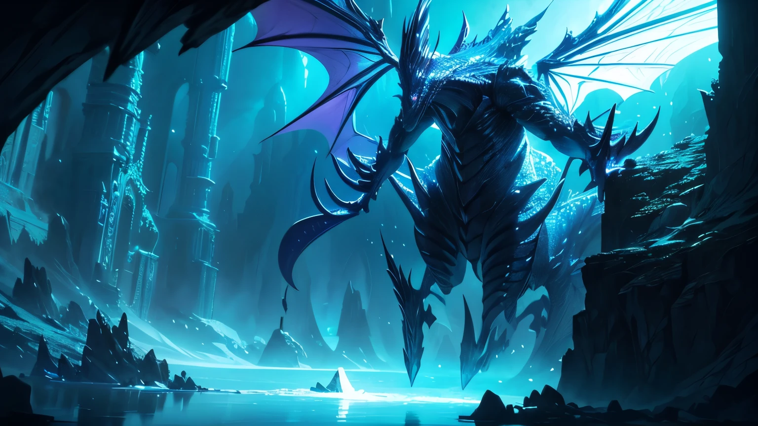Tall and very muscular black furry dragon, slim, Scars all over the body, wings, belly white, red eyes, Stands tall, a huge tower in the background, stands with his back to the ice wall, Antarctica, side view. 
