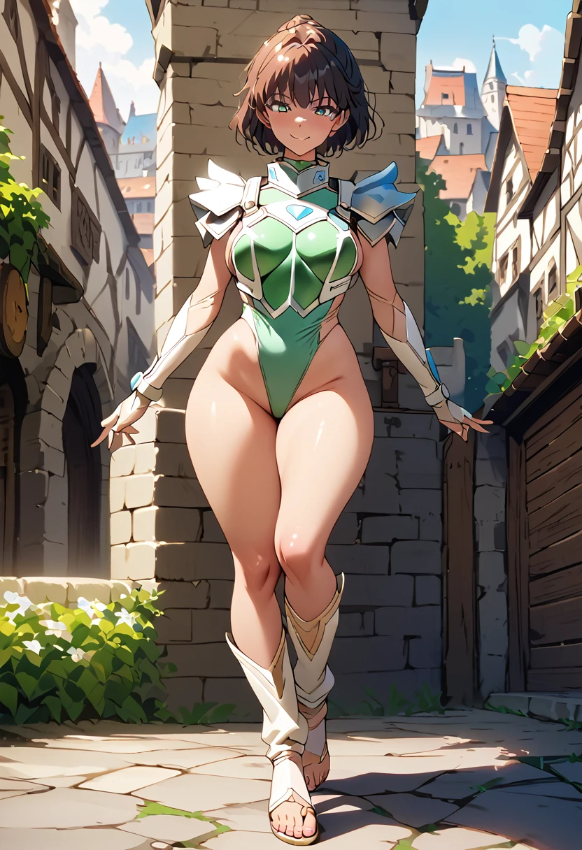 One woman has a perfect figure ,　 High Leg Leotard 、Bare legs,, female anime character , masterpiece, best quality, , Doll Suit, Thong, 1 girl , Big Butt、Big ButtThong、Thong digging in、High Cut、Big Butt、 standing, staring at the viewer in a medieval city , smile, Brazilian sexy anime fujimura Shizuka wearing a high leg leotard 。 sexy guardian armorレオタードスーツ、masterpiece、 high quality、Very High Resolution 、 high leg guard reinforcement equipment 、Full body shot showing toes 、（Female pilot、 girl、 sexy、白い high leg guard reinforcement equipment 、（（green：1.5） sexy guardian armor）、Thong、 Full Body Shot 、Toes、Chin Guard 、[Standing leg、、 pilot suit、masterpiece、 high quality、Very High Resolution 度、Enlarged thighs、masterpiece, best quality, Absurd, Fujimura Shizuka , 1 girl , alone, standing, staring at the viewer in a medieval city , , Doll Suit, Decisive Pose.Thong、Looking back pose、Butt