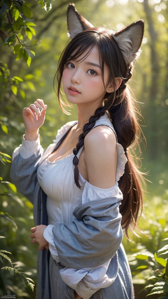 adorable, Pure,18-year-old, , flat chest, in Japan, (off_shoulder sweater, bare shoulders), baby hair, hair scrunchie, french braid, (Suggestive:1.2), (smile:0.2), (highest quality:1.0), (超A high resolution:1.0) ,(photo-realistic:1), (super detailed:1.0), (8K RAW写真:1.1),
