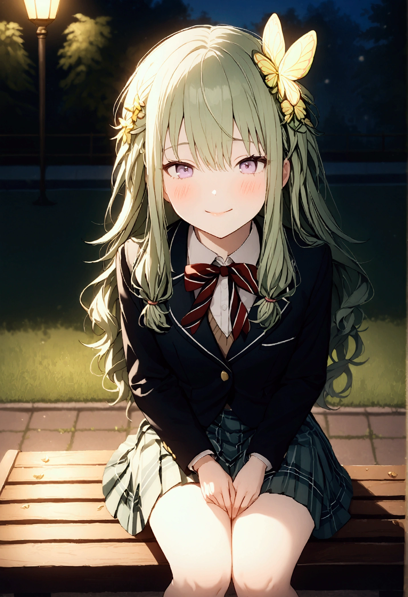 High image quality 、masterpiece、 High Quality  、Full HD、4K 、View from above、Kusanagi Nin々、Green long hair 、Yellow butterfly hair ornament、 purple eyes、slim、 high school uniform 、 smile、Blushing cheeks 、Place your hands on your knees、Red  on cheeks、 flat chest、Stretch your legs and show me 、 I'm wearing black loafers、 sitting on a park bench 、evening