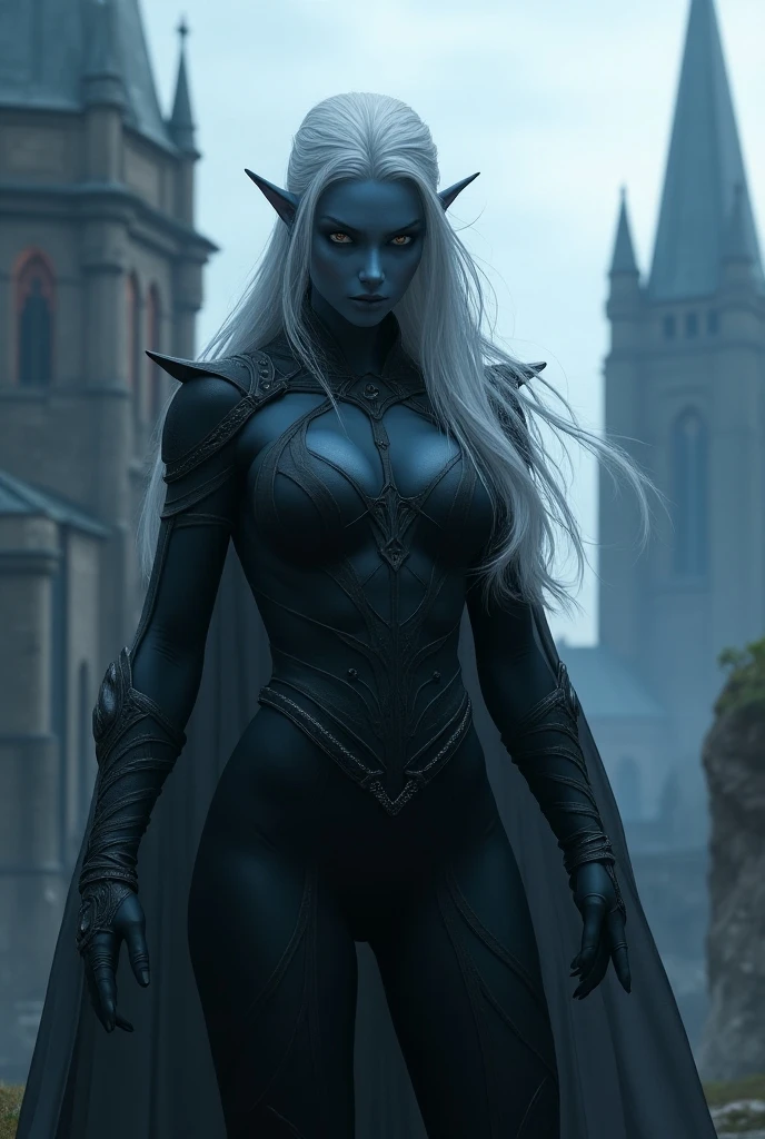 RAW photo, (high skin detail, A detailed eye:1.1), intricate details, Best Quality, 8K UHD, soft-lighting, elf, 1girl, colored skin, blue skin, midnight skin, red eyes, glowing scalet eyes, linen shirt, pants, cloak, full clothing