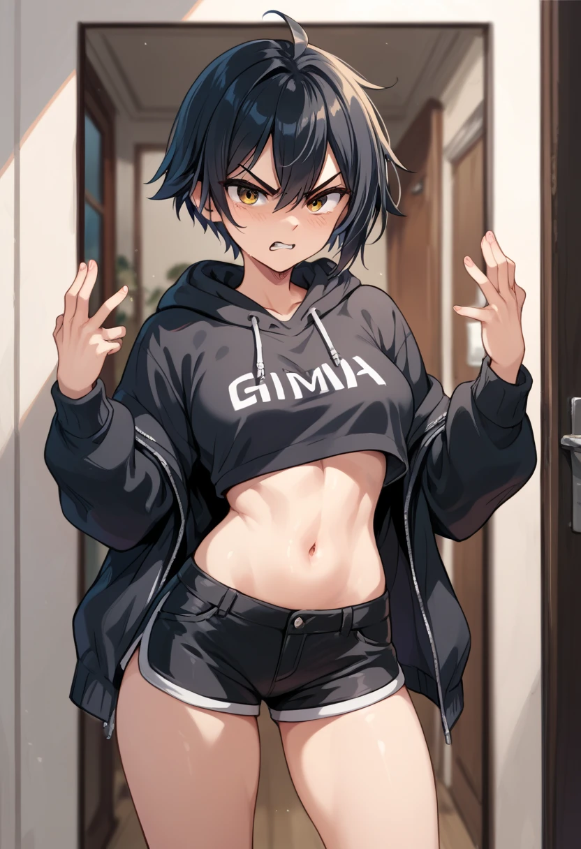 1girl, tomboy, simpledrawing. black loose hoodie, super short shorts, medium bust size, medium thigh size, angry, standing in front of the door, belly  