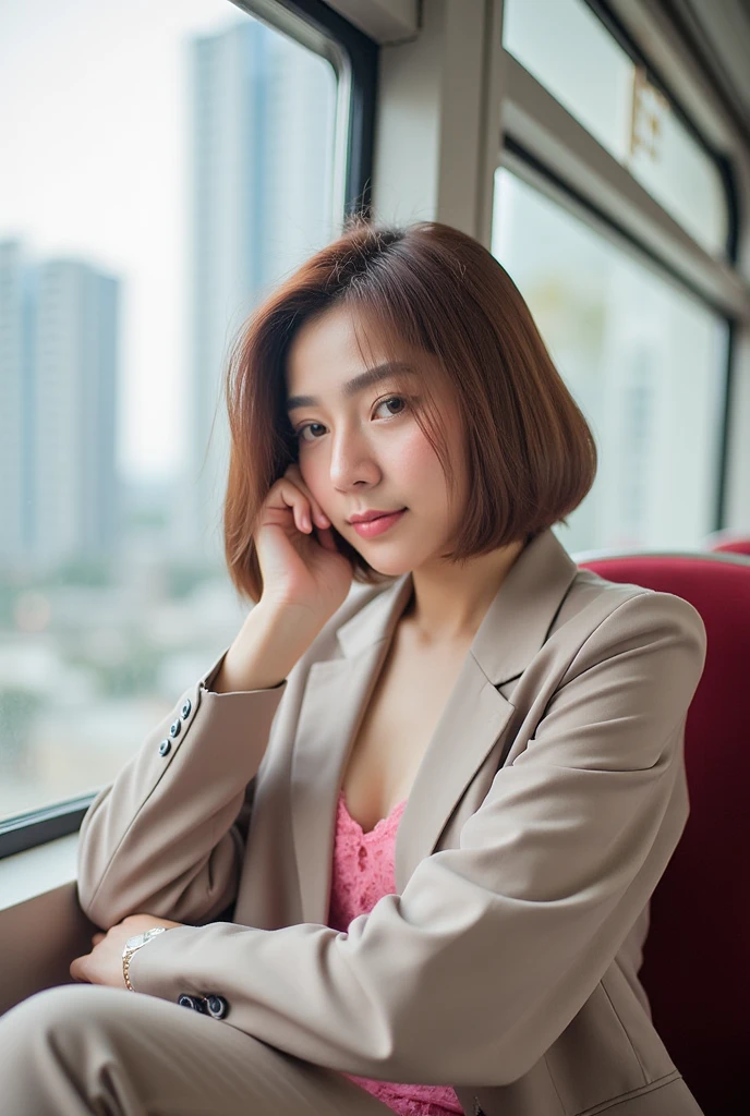 A beautiful Thai woman  pose in a train station. Naked body wearing suit jacket, pink lace lingerie. One hand rests on her neck, creating a relaxed yet graceful pose. blunt bob hair, framing her face softly. In the background, tall buildings with windows create a cityscape, slightly blurred to draw attention to her as the main subject. The lighting is natural and soft, giving a gentle, serene feel to the scene, with a warm, homey ambiance that brings focus to her, highlighting both her natural beauty and the refined details of her outfit. Clearly showing her plump white breasts, slender leg. The photo is taken from a high angle.