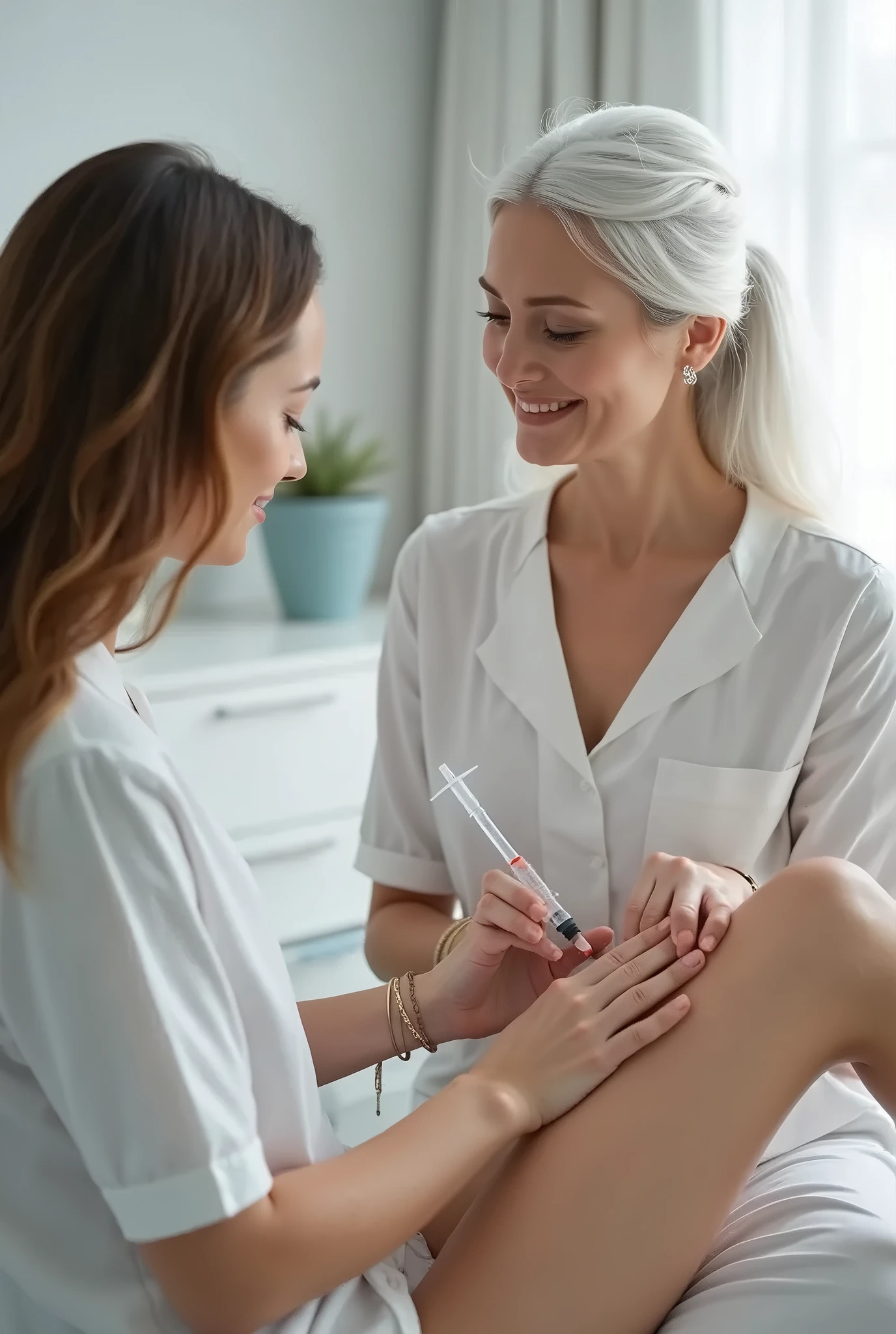 Image of woman in a living room, They do laser hair removal and enjoy having a glass of wine ,
While having laser hair removal , shows how they shave her