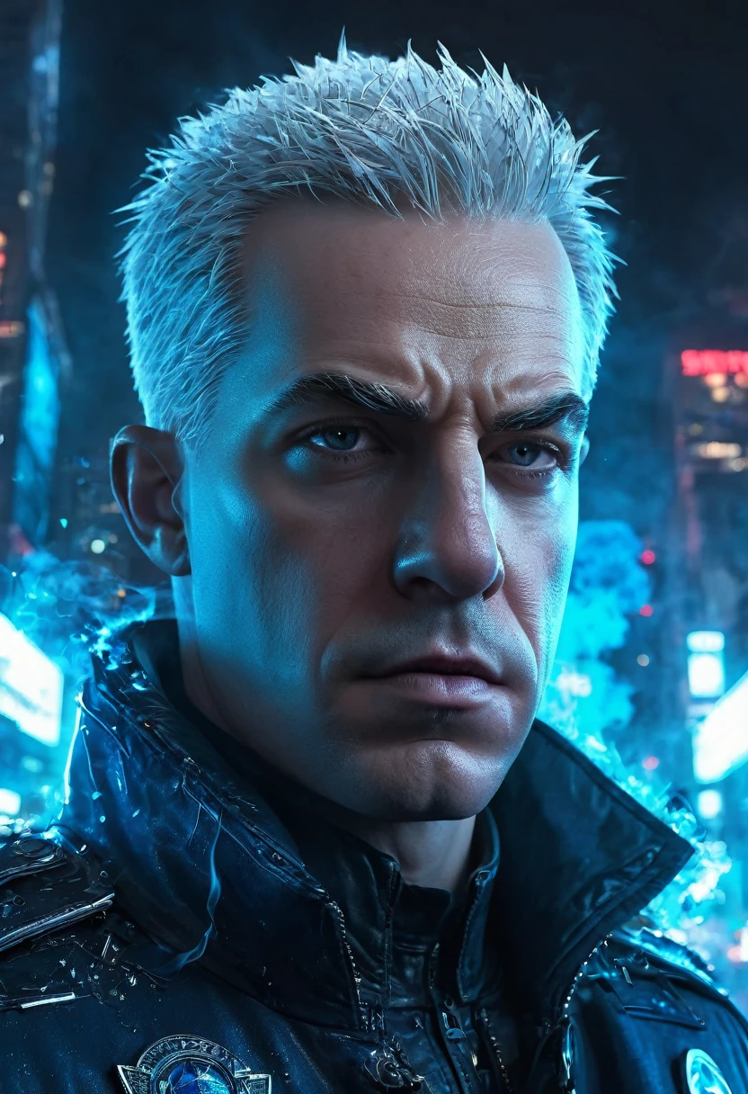 gloomy portrait of shawt a white man Captain Cold from DC, extremely detailed, futuristic cityscape, nighttime, glowing neon lights, smoke, sparks, metal shavings, flying debris, blue energy effects, volumetric light