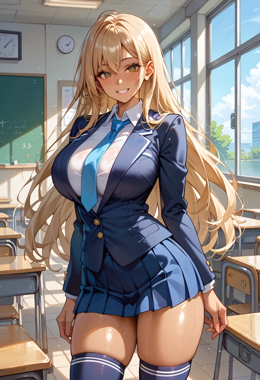 (masterpiece), best quality, expressive eyes, perfect face, (classrom window background), (standing), (smirk), (1girl, kuro gyaru, dark skin Asian, tan skin asian, dark skin, tan skin, tan, bleach blonde hair, bleach blonde hair asian, curly hairstyle with bangs, hair bangs, green eyes, asian eyes, hourglass figure, skinny body, petite_body, short height, large breasts, huge breasts, oppai, thick legs, long fingernails), ((navy_blue_suit_jacket), (white<button_shirt), cleavage exposed, (red_plaid_pattern_pleated_mini_skirt), (white_stockings), (black_heels)),
