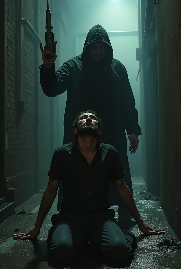 close up of a horrified man's soul being sucked by a mysterious hooded creature with gleaming yellow eyes walking in public in a busy night city, nightmare