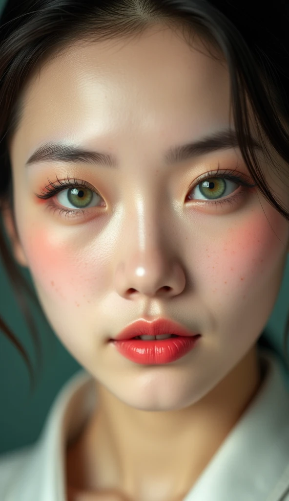  In the close-up of this young Chinese woman ,  the details capture every nuance of her beauty .  Your emerald green eyes have a perfect almond shape ,  with long and curved eyelashes ,  creating a natural frame that accentuates the depth of the look .  A light shadow under the eyes adds a touch of mystery and intensity ,  as if she were holding deep secrets . His eyebrows are slightly arched,  dark and well defined , , further highlighting her expression .

The skin, delicate and flawless ,  gently reflects light ,  giving a silky and homogeneous texture .  Small almost invisible freckles on the nose and cheeks bring a touch of authenticity and softness,  while a light pink tint on the cheekbones adds vitality to your pale face .

 Her lips are full and a well-defined contour ,  in natural reddish tone that highlights your seductive appearance .  The texture of the lips is slightly shiny ,  as if they were slightly moistened , enhancing your sensuality.  The chin is delicate and slightly rounded ,  completing the harmonious shape of her face .

The image background is blurred,  ensuring that all attention is focused on the young woman ,  capturing every detail of your captivating and sophisticated expression .
32k anime style, HDR, UHD, intricate detail, extremely intricate detail, hyperrealistic, extremely realistic, high quality, vivid color, extremely detailed.