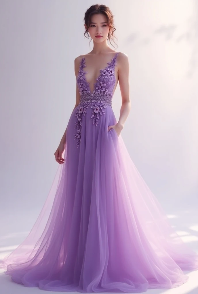 European woman model with hairstyle wearing luxurious lilac long beaded dress. Show the whole dress.