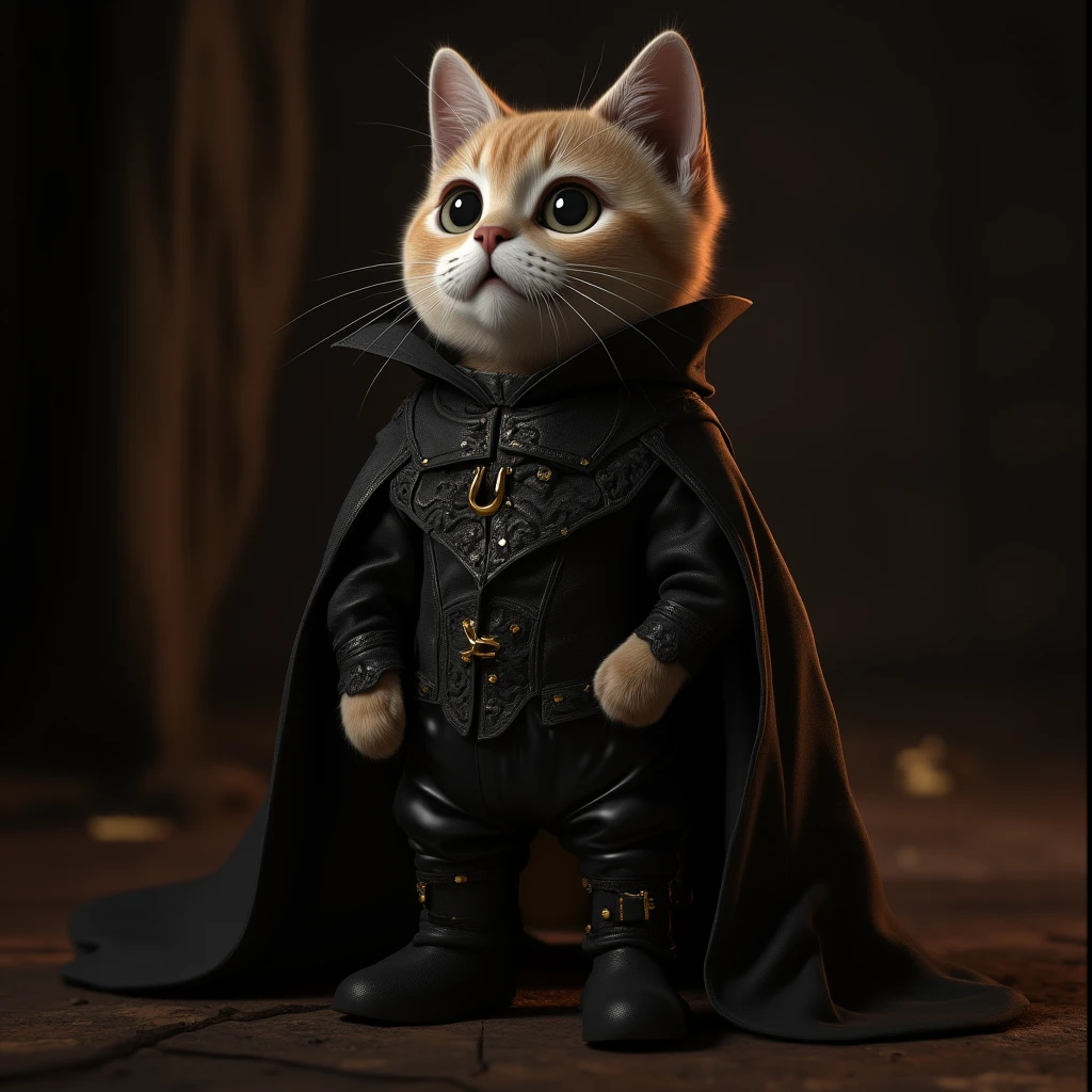 (gold style,),Photorealistic, 64K, a cute, chubby cat with a gothic twist, standing upright. The cat is dressed in a dark, intricately detailed gothic costume inspired by Victorian and gothic fashion, featuring rich textures and elaborate patterns. It wears a pair of sleek, black leather pants that hug its round legs, adding a modern edge to its gothic attire. On its paws, the cat sports small, stylish black boots with subtle buckles, completing the look with a touch of sophistication.

The outfit also includes a high-collared cloak that flows elegantly around it, giving it a mysterious and elegant appearance. The cat’s large, round eyes are lined with a soft shadow, enhancing its gothic charm, and its fur appears soft and well-groomed, blending perfectly with the dark tones of its attire. The background is dark and atmospheric, with subtle lighting that casts a soft glow on the cat, highlighting its refined, gothic elegance.