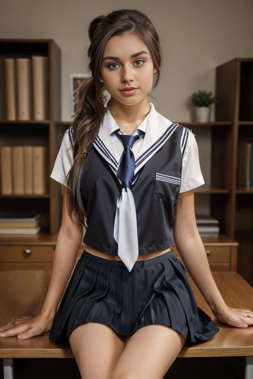 a photo of a young Ukrainian voluptuous woman with long brown hair tied in a ponytail reaching her knees, light brown eyes, light mixed race skin, small round breasts, wearing the private female school uniform consisting of a white blouse and cuffs, a red tie , black sleeveless vest, gray checkered short skirt above the knees, Knee high socks, classic black shoes, posed in a stylish school setting, sitting on a desk, Cinematic, realistic