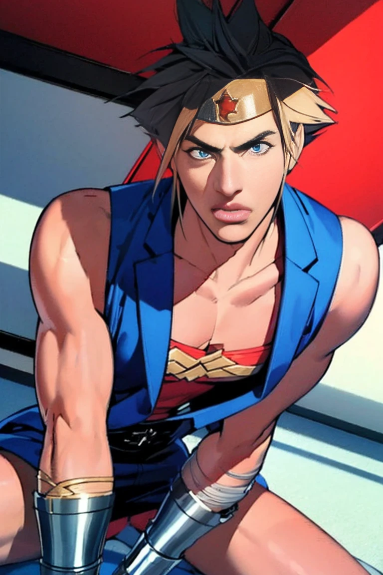 (  jump off high-definition CG ), ( Best Quality ), (  jump off high-definition CG ), ( Best Quality ), (Cloud Strife), (Overall view) cool and handsome face    ,The beauty of Wonder Woman's costume, 18 years old,   Toned and muscular  ,  with a cool and handsome face  , sharp eye