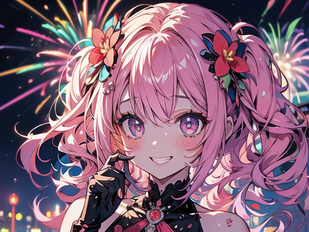 Misai ,Super detailed,(masterpiece),(Best Quality), very detailed face  ,  semi-long pink hair , glowing glass flower hair ornament ,  big breasts at the temple,Very big eyes, rainbow ,  live stage,8k,  Movie Lighting ,Red and black dress, with income ,dance, colorful glowing fireworks ,Open your mouth and enjoy,sweat,front,Raise your hand,smile,Shining,Particles of light,nsfw