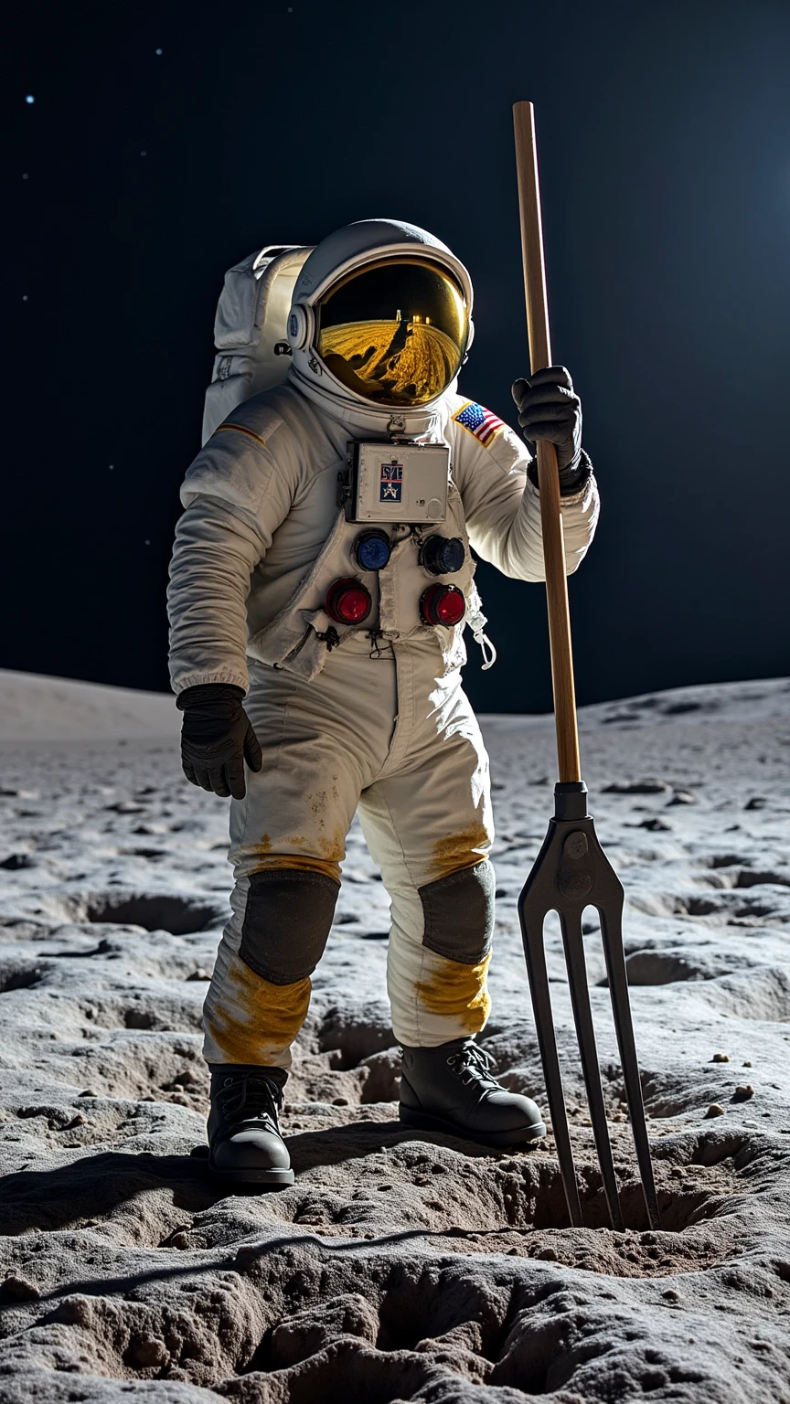 A hyper-realistic, cinematic scene of an astronaut standing on the moon without a helmet, his face clearly visible. Instead of planting the American flag, he is driving a massive fork into the lunar surface. The scene is detailed, with a dynamic pose, lunar dust around the fork, and vivid textures on the astronaut’s suit and the moon’s surface, creating a surreal, high-detail image.
