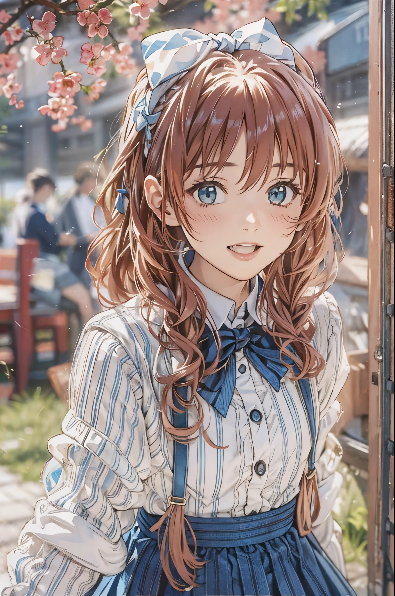 Alice Carteret, detailed background with white knee-high , Cardigans , open Cardigans , striped bow , Hair accessories, Blue Pleated Skirt , white collared shirt, Outdoor, cherry cowboy shooting, smile, watching viewers, open your mouth ,beautiful、