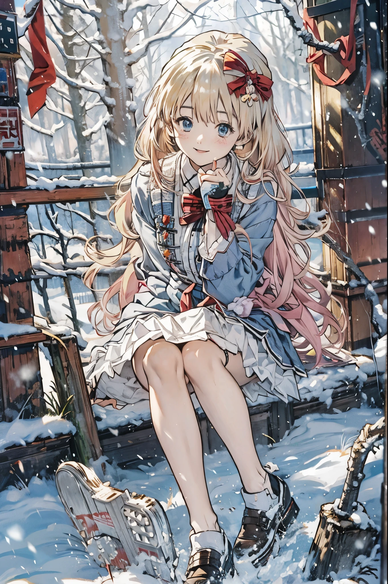 Alice Carteret, detailed background with white knee-high , Cardigans , open Cardigans , striped bow , Hair accessories, Blue Pleated Skirt , white collared shirt、赤い Christmas服, Outdoor, Christmas 、 Cowboy Shooting, smile, watching viewers, Smiling Kindly, Christmasツリー、Snow is falling、