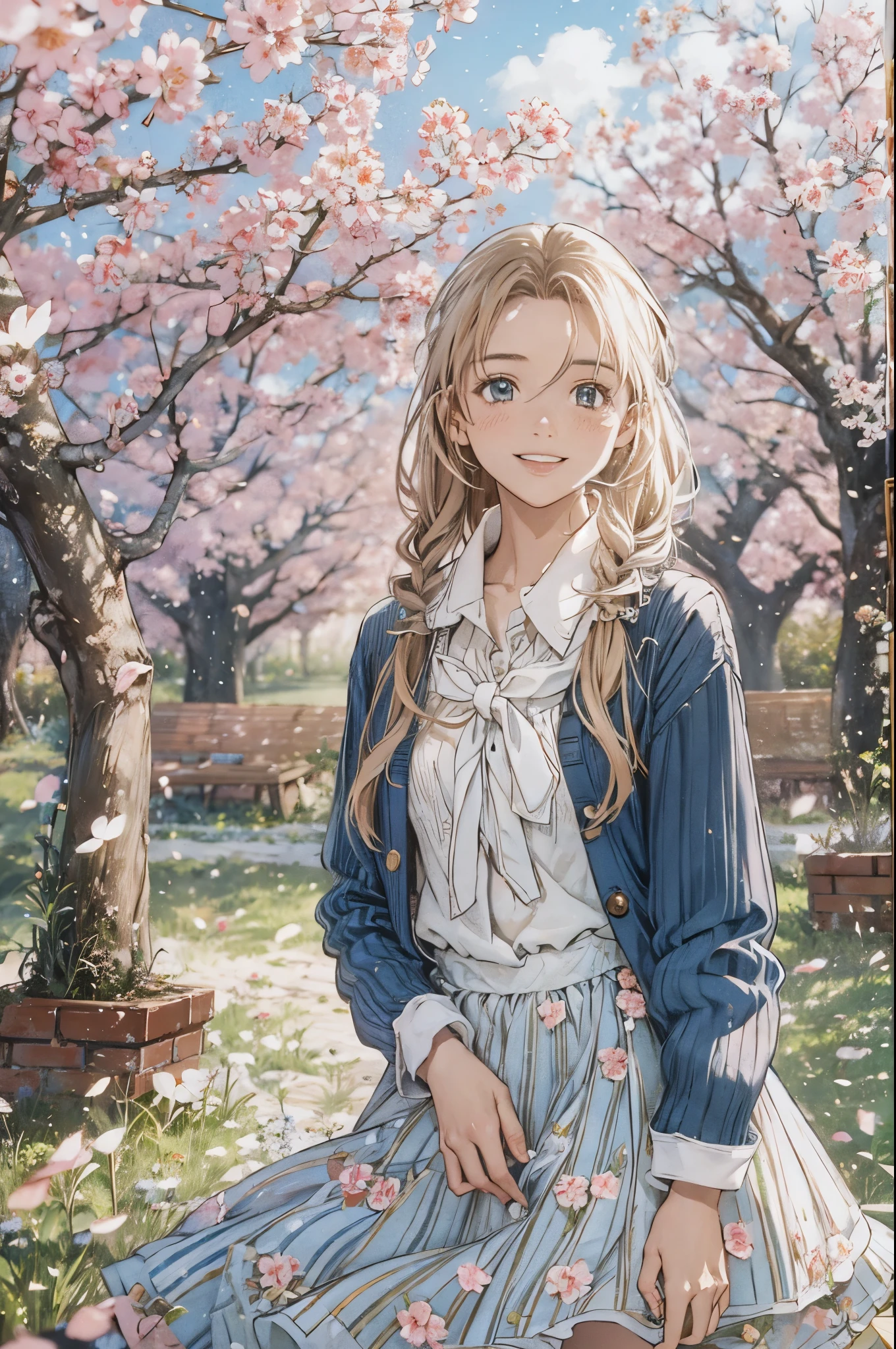 Alice Carteret, detailed background with white knee-high , Cardigans , open Cardigans , striped bow , Hair accessories, Blue Pleated Skirt , white collared shirt, Outdoor, cherry blossoms, Cowboy Shooting, smile, watching viewers, Smiling Kindly, The Petals Dance、