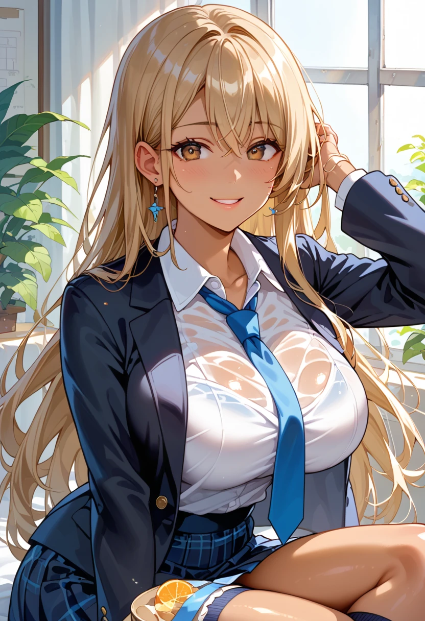  score_9,  score_8_up,  score_7_up, ((Best Quality)) 、(Beautiful face) 、shiny skin　、Big Breasts　、Thin Nose　、high nose　 、shiny ,skin , slender　、Light brown eyes　、shiny ,skin ,Blonde　、improveu, tan, improve,long hair　、Smile　、Black blazer　、 white shirt　、Light blue tie　、 beige miniskirt　、 dark blue high socks 　、 high school students　、( works stares at viewers)